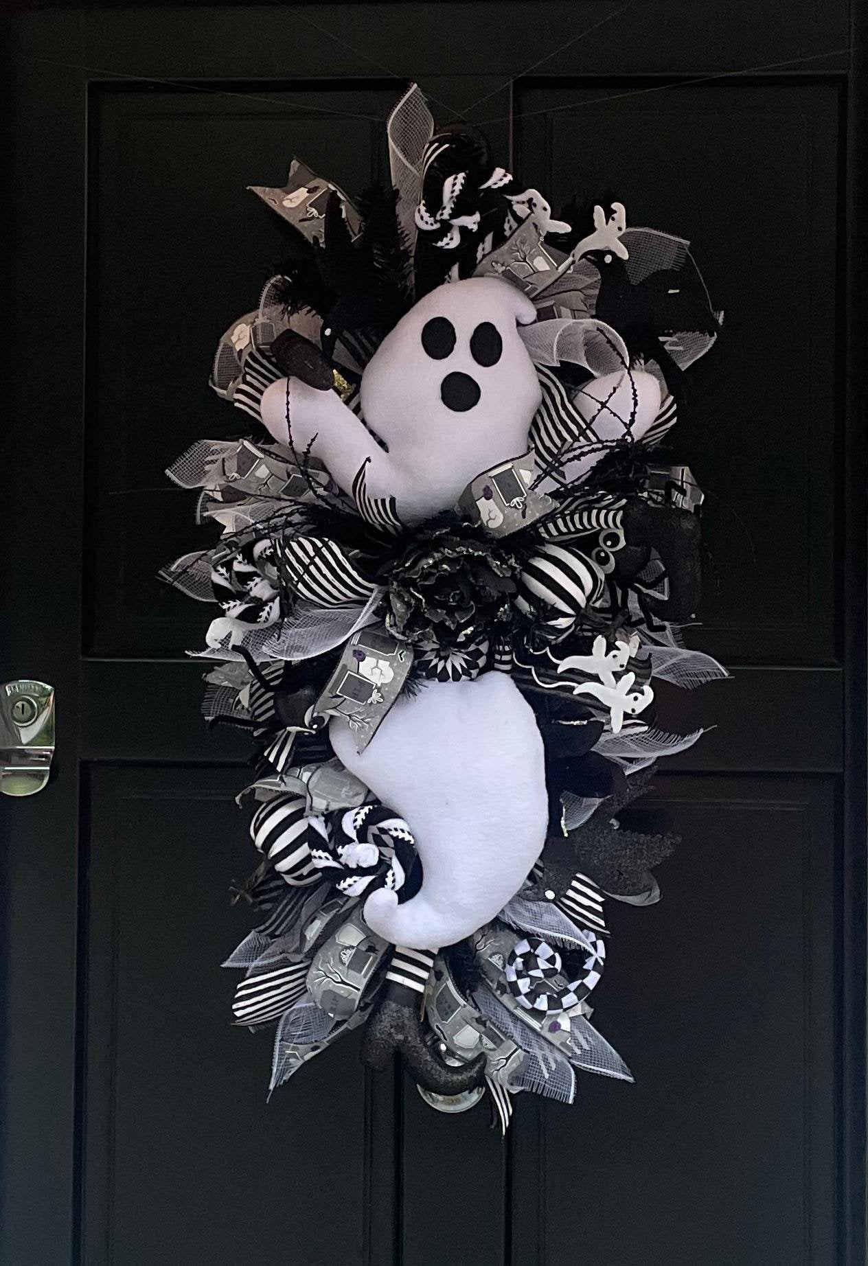 XL Ghost Fall Halloween Front Door Wreath Luxury Teardrop Rustic Wall Porch Hanger House Home Decor Decorations Spooky Ghoul Glam Boho - Hats By Cressida