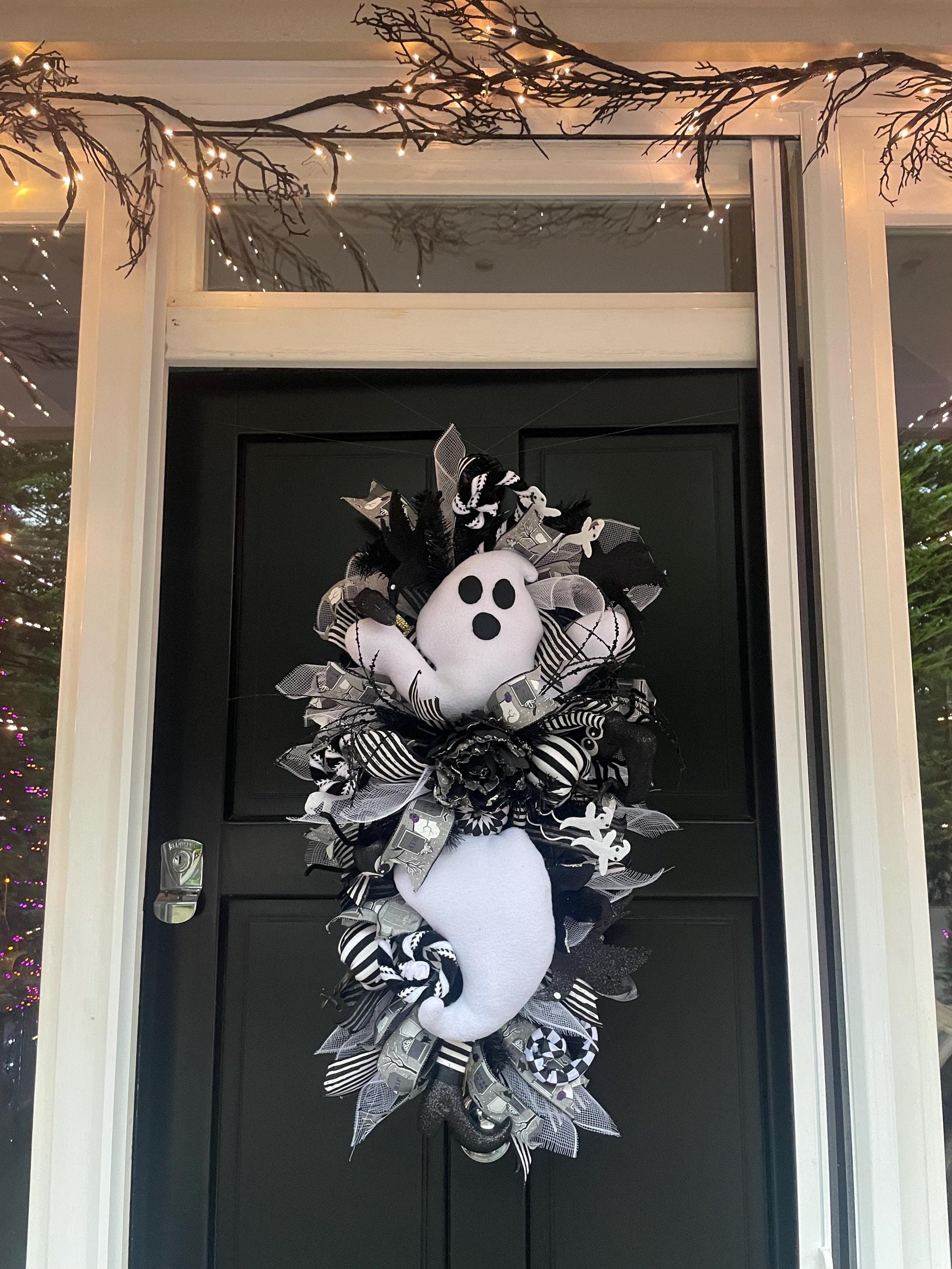 XL Ghost Fall Halloween Front Door Wreath Luxury Teardrop Rustic Wall Porch Hanger House Home Decor Decorations Spooky Ghoul Glam Boho - Hats By Cressida
