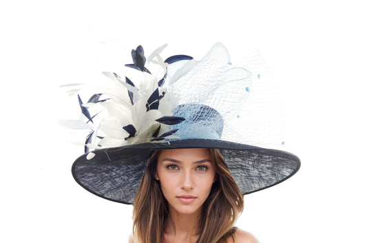 XL Helena Wide Brimmed Ascot & Kentucky Derby Hat with elegant white and black feather embellishments and netting detail