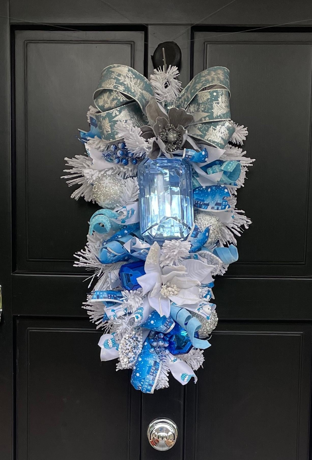 XL Ice Blue Snow Flocked  Luxury Teardrop Christmas Front Door Wreath White Home Decoration Xmas Winter Mantle Decor Holiday Advent Swag - Hats By Cressida