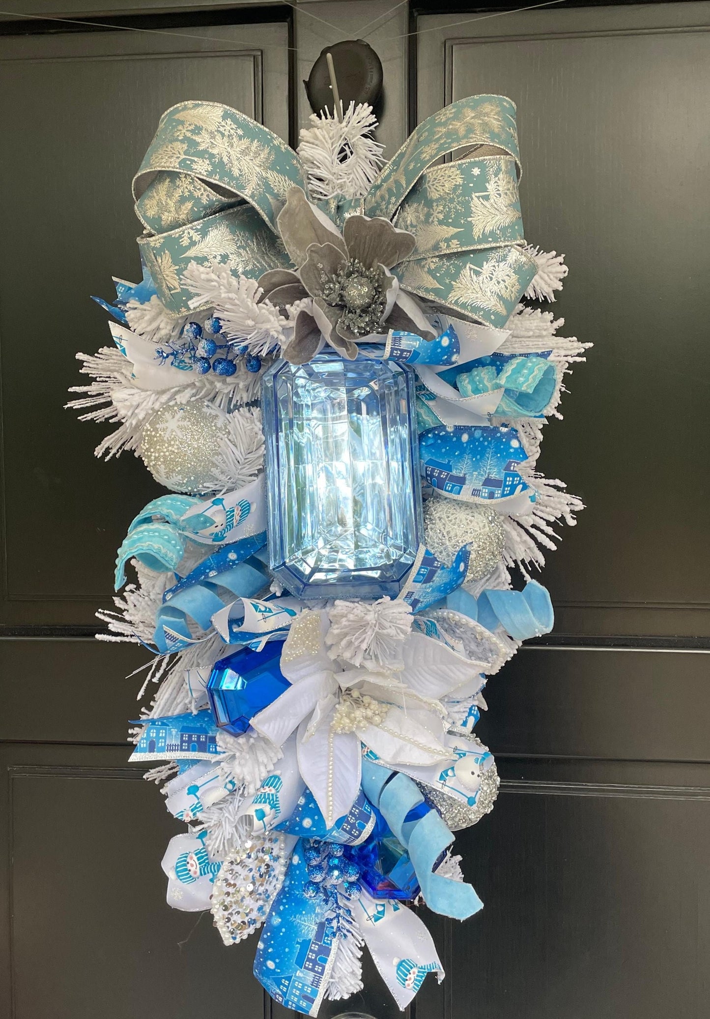 XL Ice Blue Snow Flocked  Luxury Teardrop Christmas Front Door Wreath White Home Decoration Xmas Winter Mantle Decor Holiday Advent Swag - Hats By Cressida