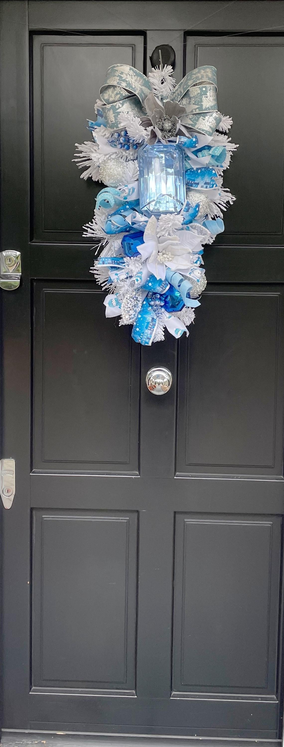 XL Ice Blue Snow Flocked  Luxury Teardrop Christmas Front Door Wreath White Home Decoration Xmas Winter Mantle Decor Holiday Advent Swag - Hats By Cressida