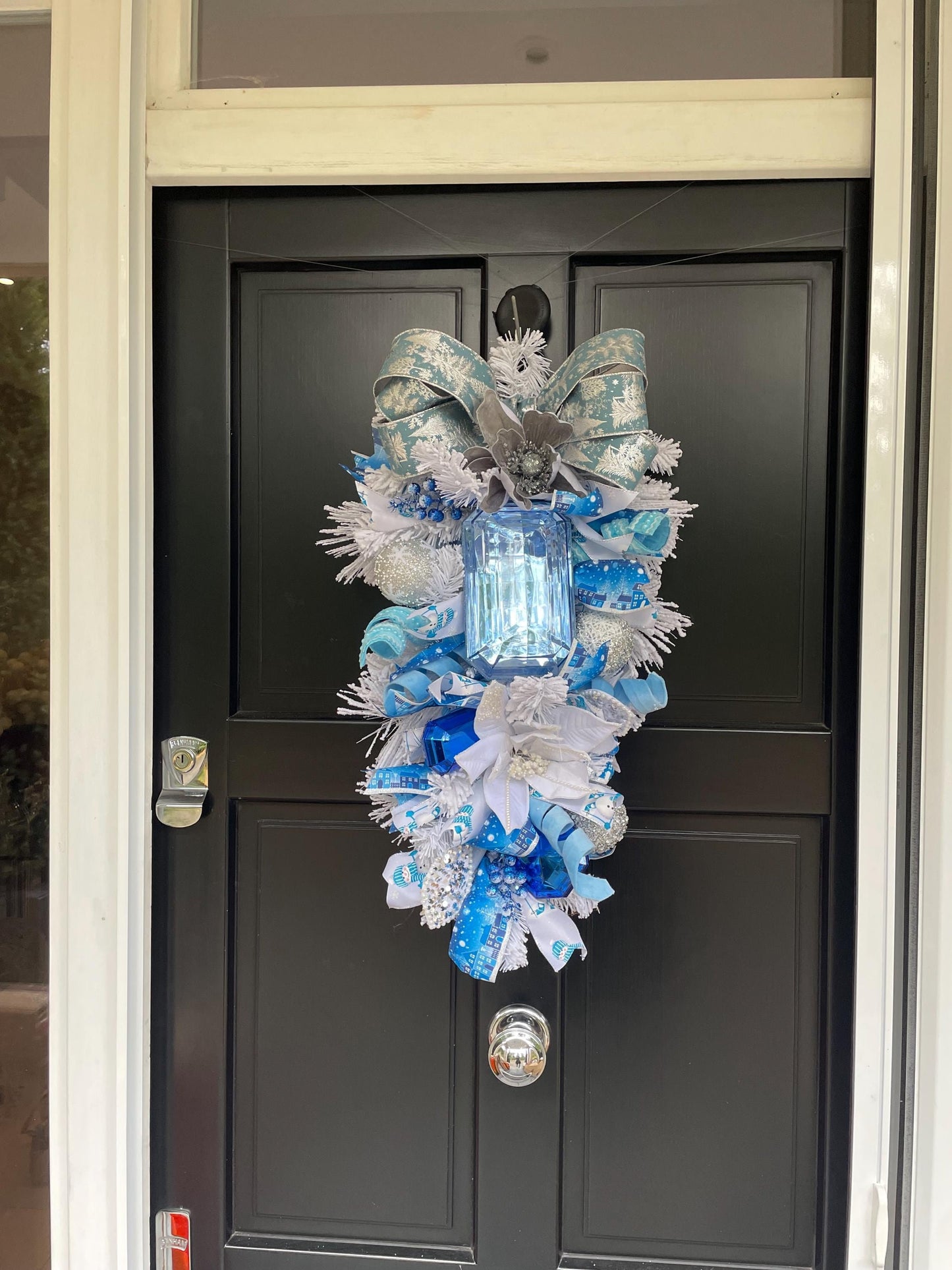XL Ice Blue Snow Flocked  Luxury Teardrop Christmas Front Door Wreath White Home Decoration Xmas Winter Mantle Decor Holiday Advent Swag - Hats By Cressida