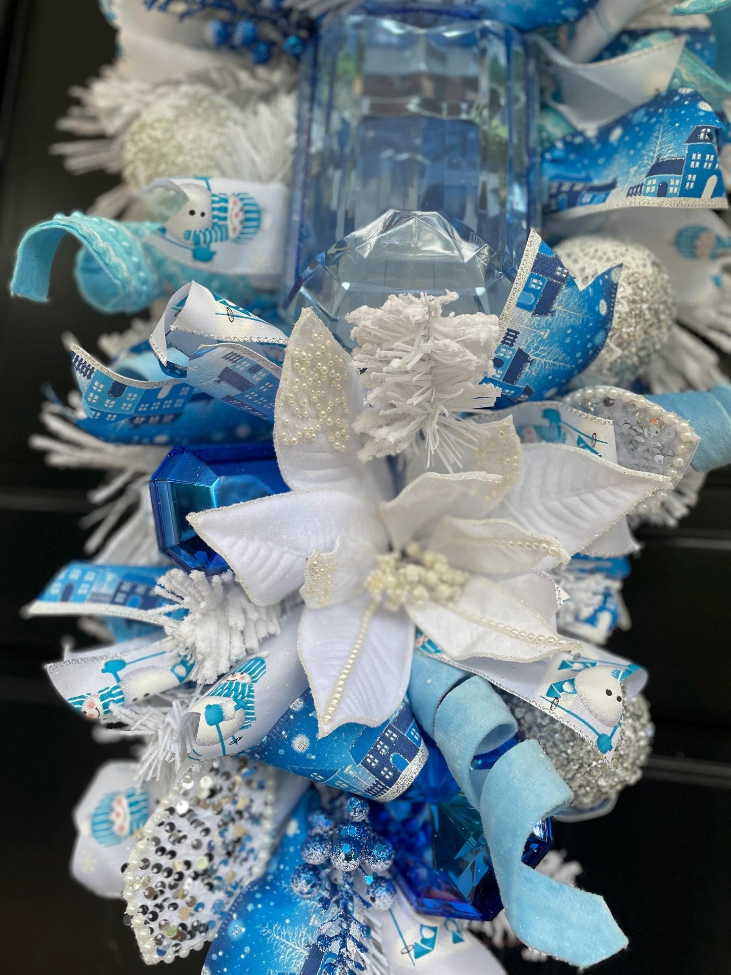 XL Ice Blue Snow Flocked  Luxury Teardrop Christmas Front Door Wreath White Home Decoration Xmas Winter Mantle Decor Holiday Advent Swag - Hats By Cressida