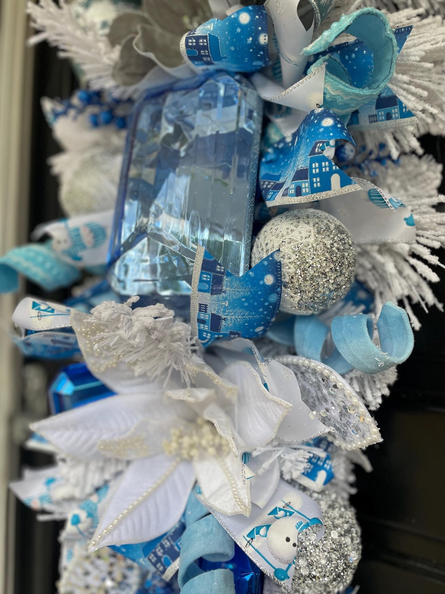 XL Ice Blue Snow Flocked  Luxury Teardrop Christmas Front Door Wreath White Home Decoration Xmas Winter Mantle Decor Holiday Advent Swag - Hats By Cressida
