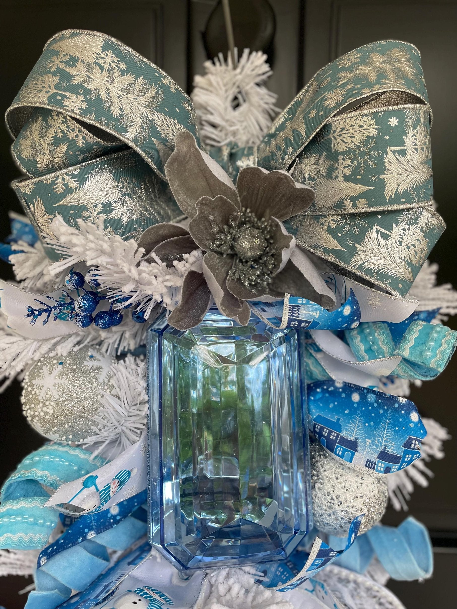 XL Ice Blue Snow Flocked  Luxury Teardrop Christmas Front Door Wreath White Home Decoration Xmas Winter Mantle Decor Holiday Advent Swag - Hats By Cressida