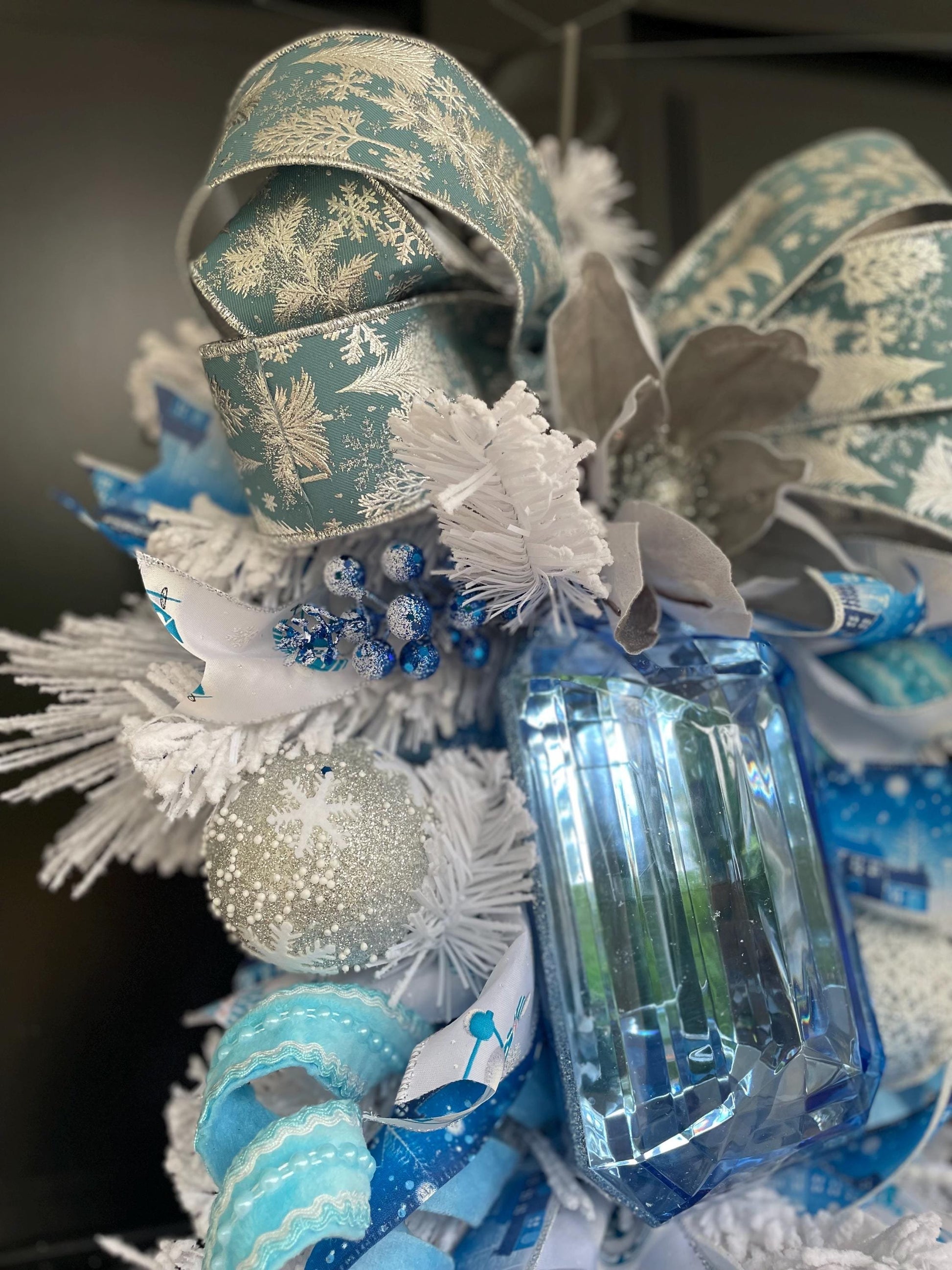 XL Ice Blue Snow Flocked  Luxury Teardrop Christmas Front Door Wreath White Home Decoration Xmas Winter Mantle Decor Holiday Advent Swag - Hats By Cressida