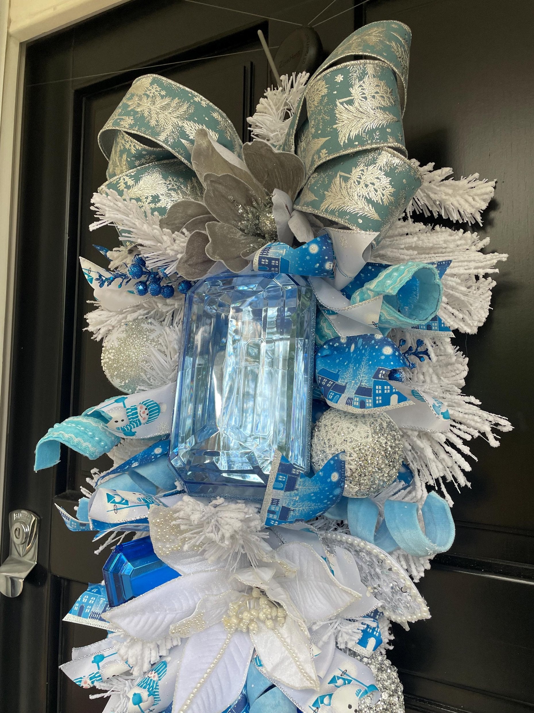 XL Ice Blue Snow Flocked  Luxury Teardrop Christmas Front Door Wreath White Home Decoration Xmas Winter Mantle Decor Holiday Advent Swag - Hats By Cressida