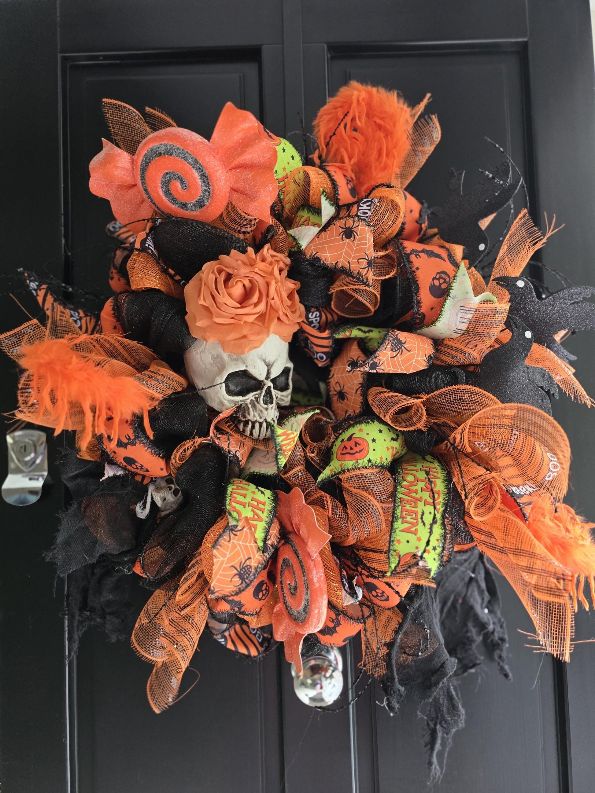 XL Oversized Halloween Front Door Wreath Hanger Skeleton SKELLY Skull Wall Porch Hanger Handmade House Home Decor Decorations Welcome Gothic - Hats By Cressida