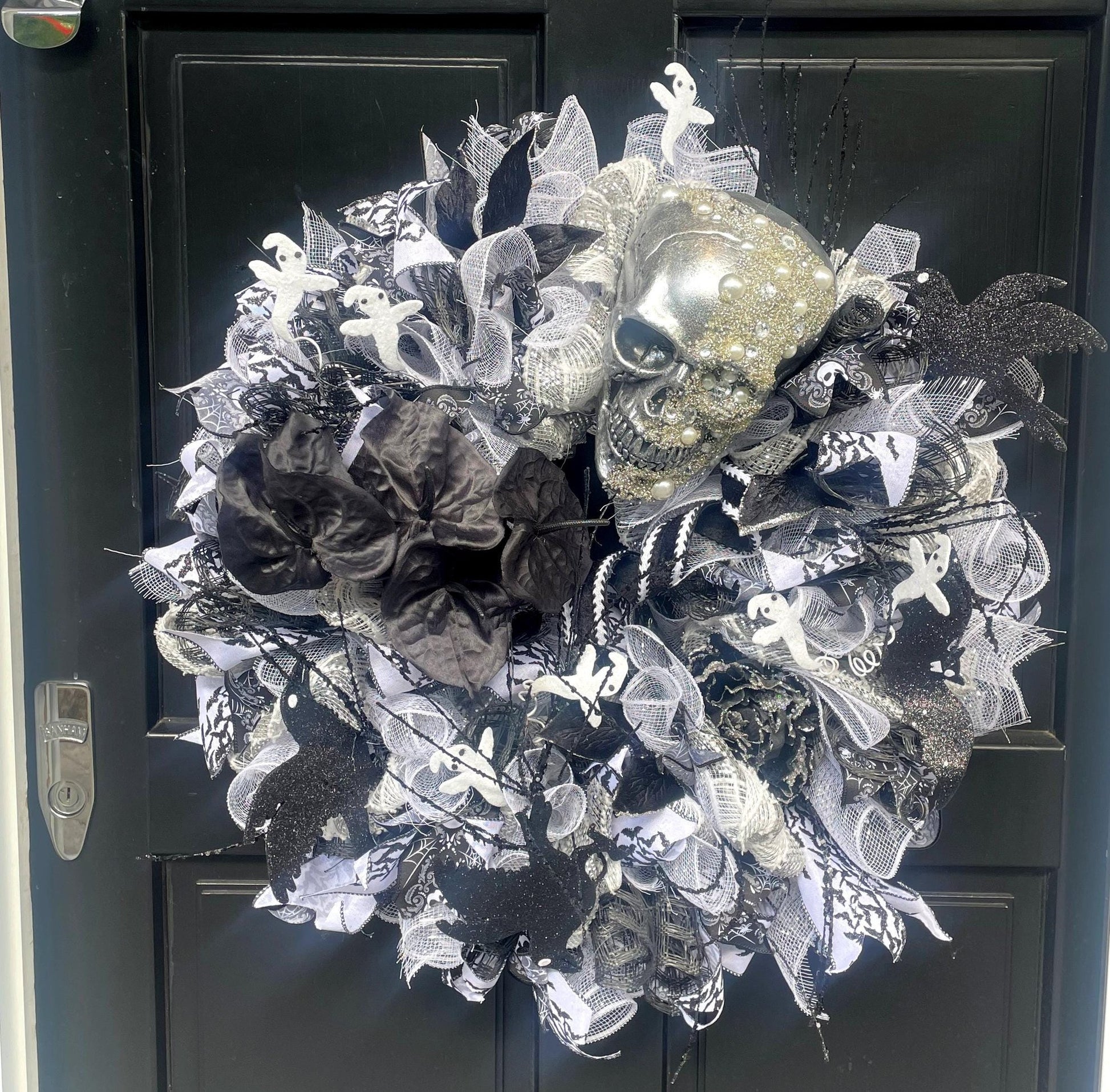 XL SKULL Halloween Front Door Wreath Gothic Hanger Wall Porch Hanger Handmade House Home Decor Decorations Whimsical Skelly Glam Luxury Fall - Hats By Cressida