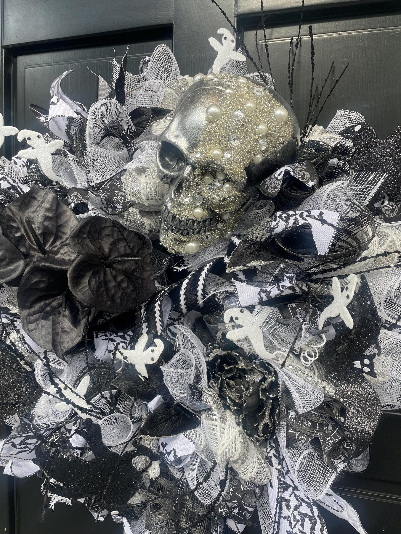 XL SKULL Halloween Front Door Wreath Gothic Hanger Wall Porch Hanger Handmade House Home Decor Decorations Whimsical Skelly Glam Luxury Fall - Hats By Cressida