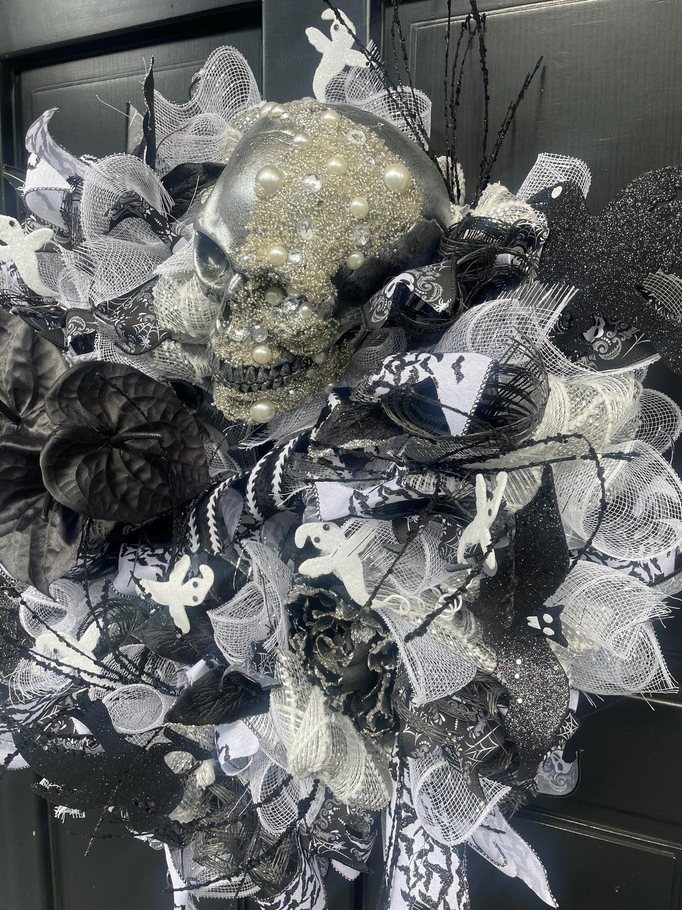 XL SKULL Halloween Front Door Wreath Gothic Hanger Wall Porch Hanger Handmade House Home Decor Decorations Whimsical Skelly Glam Luxury Fall - Hats By Cressida