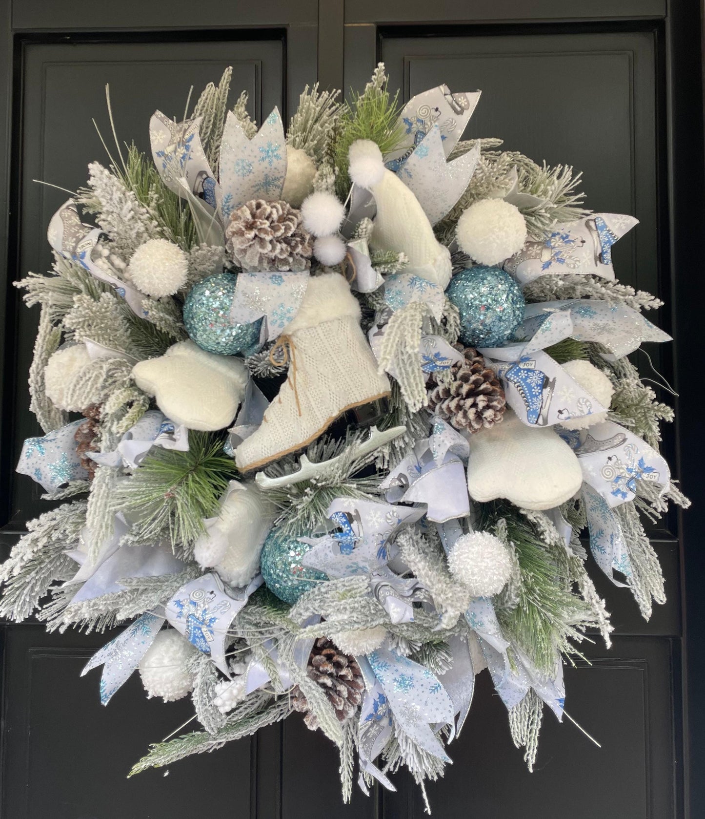 XL White Flocked Christmas Wreath Ice Skating Front Door Elegant Home Decor Decoration Glam Winter Swag Designer Unique Gift Luxury Holiday - Hats By Cressida