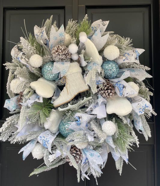 XL White Flocked Christmas Wreath Ice Skating Front Door Elegant Home Decor Decoration Glam Winter Swag Designer Unique Gift Luxury Holiday - Hats By Cressida
