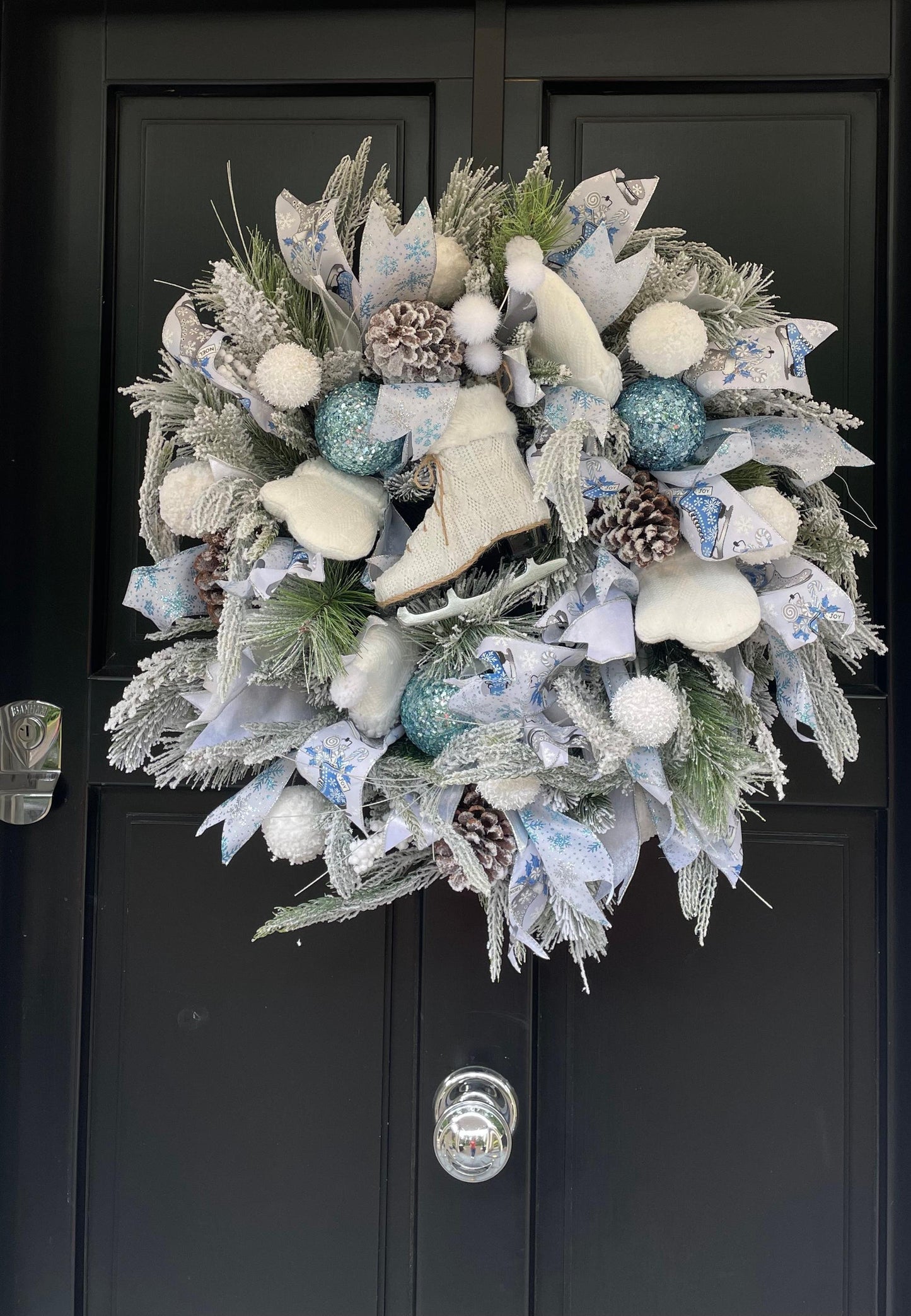 XL White Flocked Christmas Wreath Ice Skating Front Door Elegant Home Decor Decoration Glam Winter Swag Designer Unique Gift Luxury Holiday - Hats By Cressida