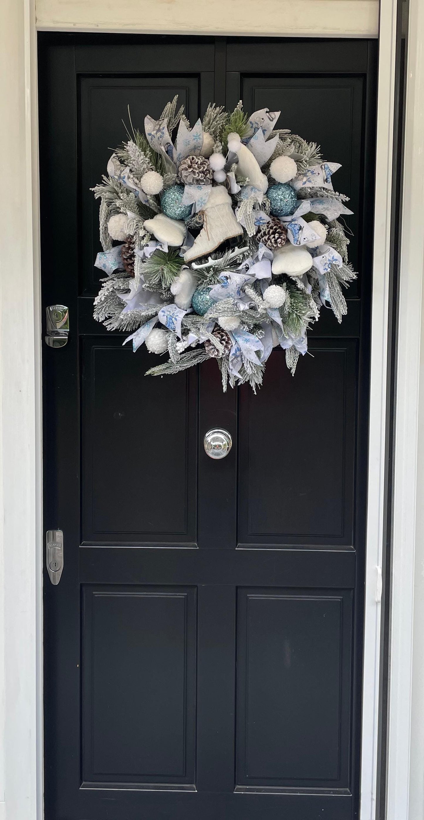 XL White Flocked Christmas Wreath Ice Skating Front Door Elegant Home Decor Decoration Glam Winter Swag Designer Unique Gift Luxury Holiday - Hats By Cressida