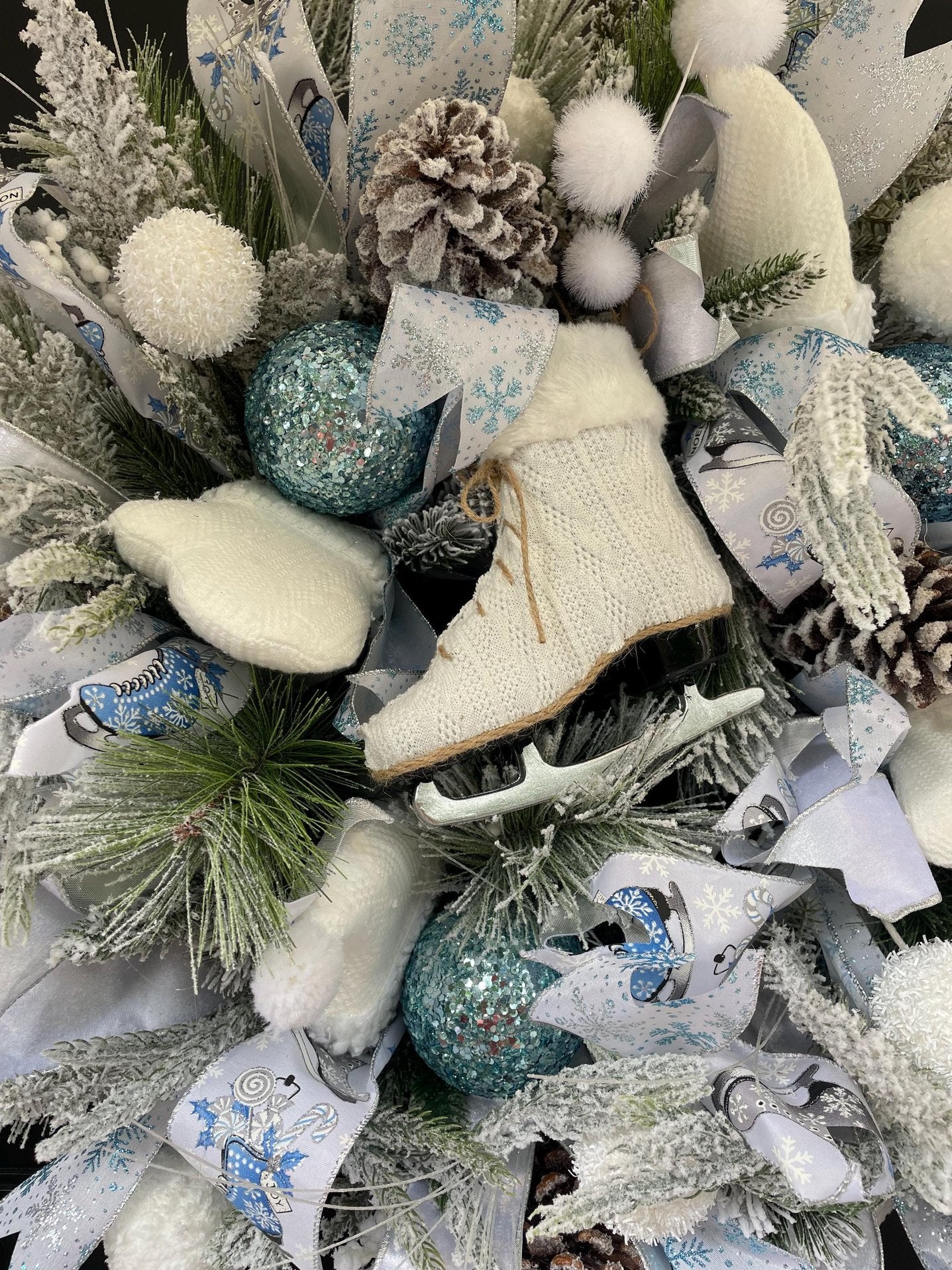 XL White Flocked Christmas Wreath Ice Skating Front Door Elegant Home Decor Decoration Glam Winter Swag Designer Unique Gift Luxury Holiday - Hats By Cressida