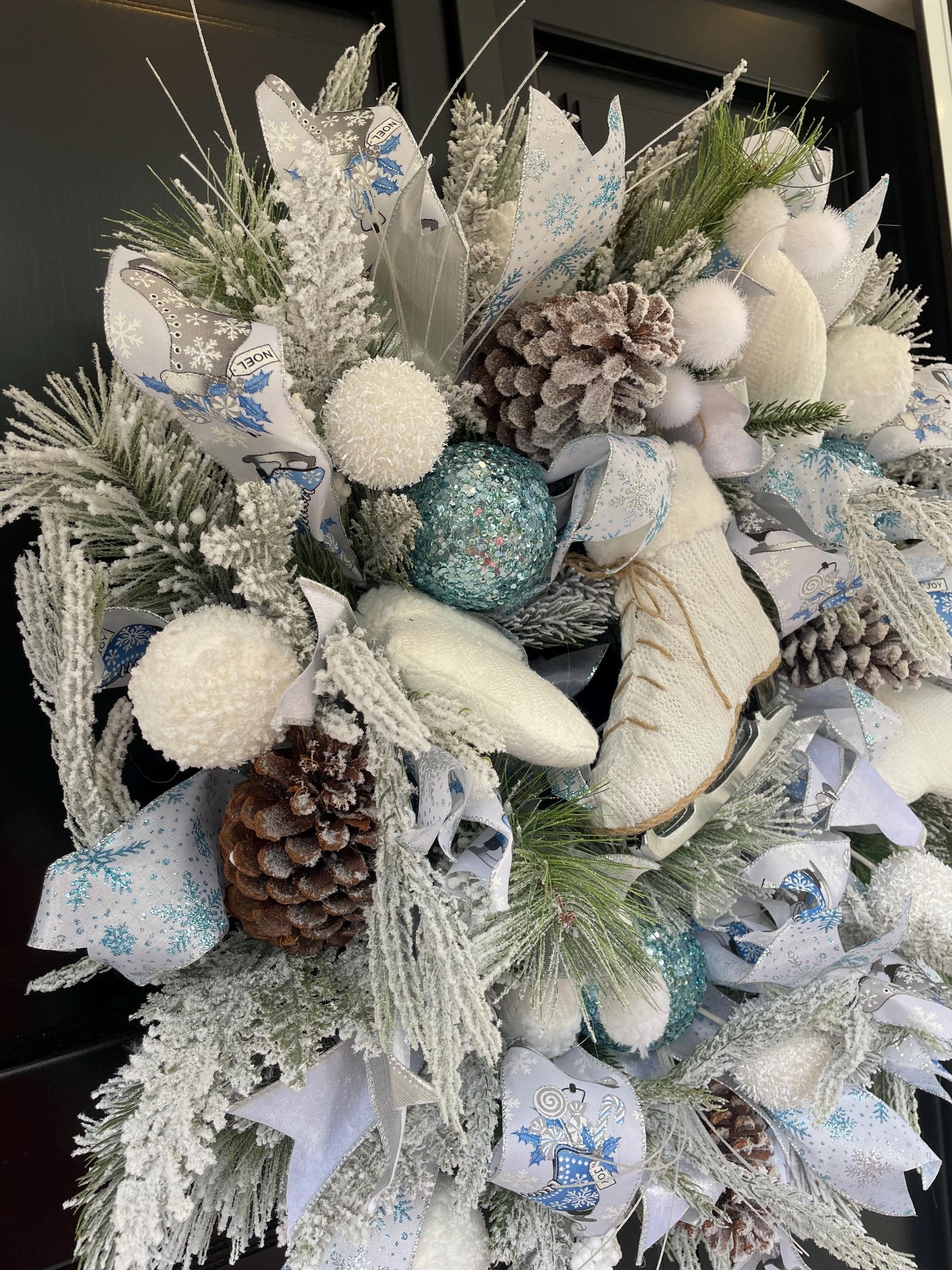 XL White Flocked Christmas Wreath Ice Skating Front Door Elegant Home Decor Decoration Glam Winter Swag Designer Unique Gift Luxury Holiday - Hats By Cressida