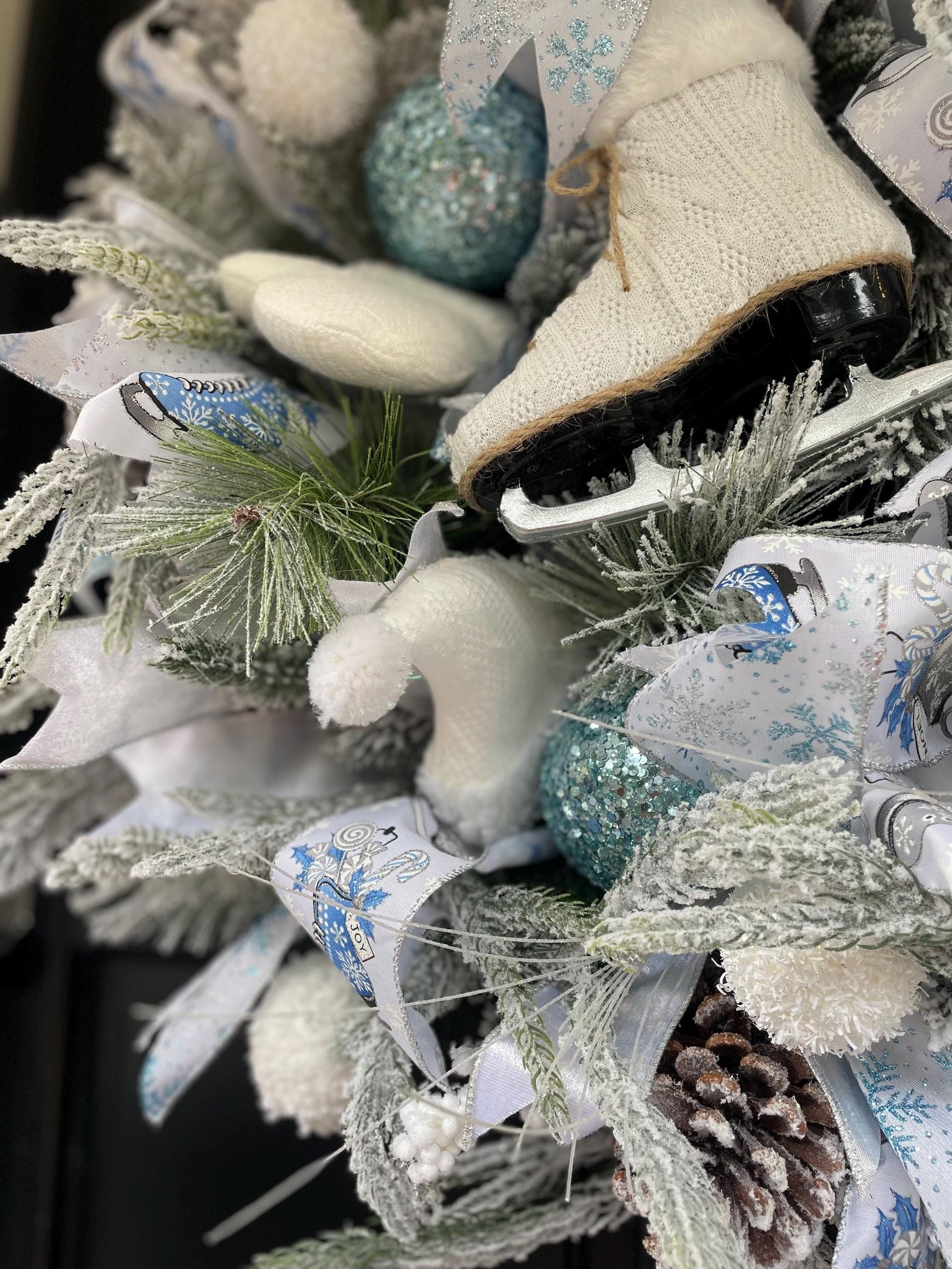 XL White Flocked Christmas Wreath Ice Skating Front Door Elegant Home Decor Decoration Glam Winter Swag Designer Unique Gift Luxury Holiday - Hats By Cressida