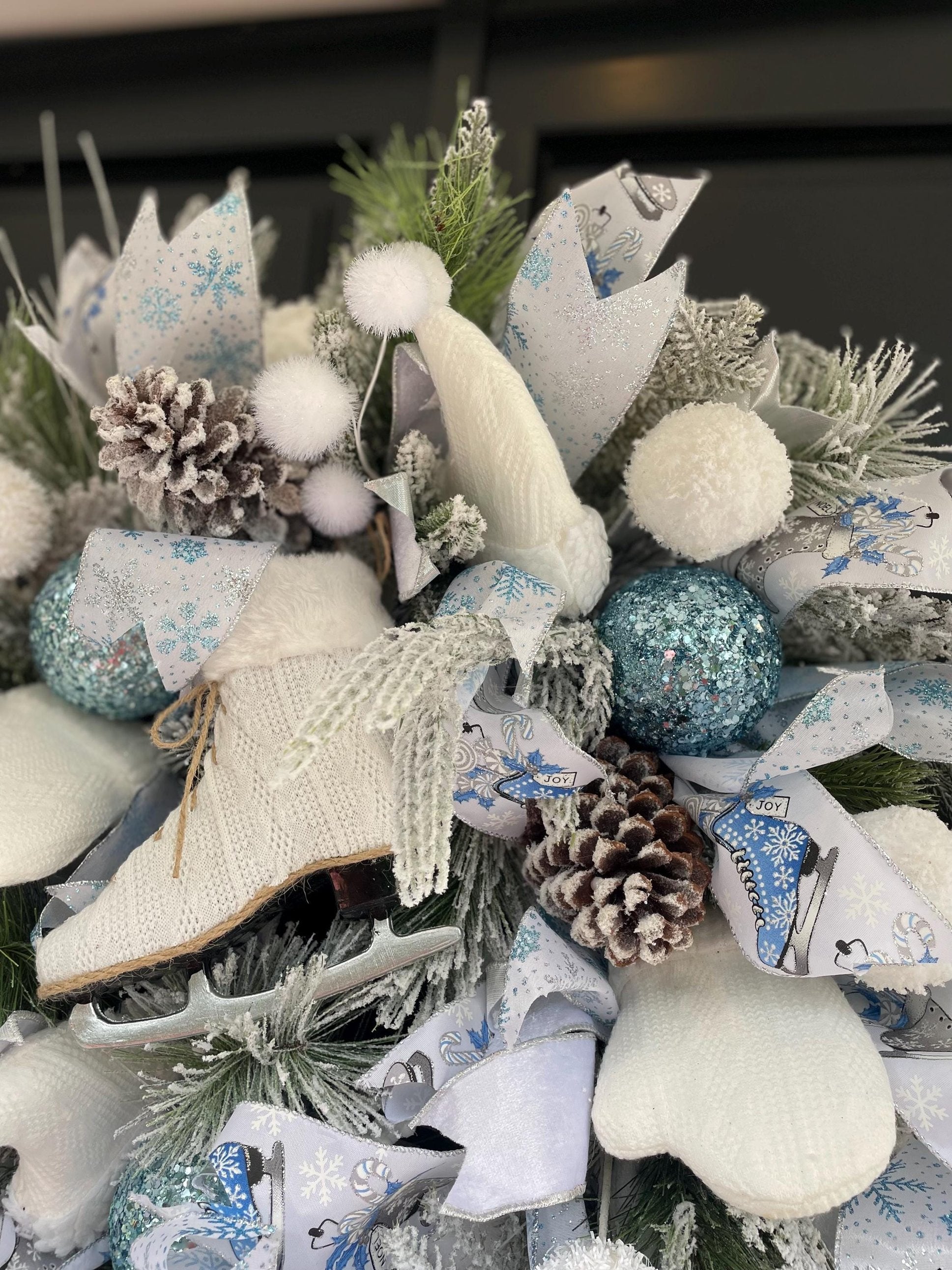 XL White Flocked Christmas Wreath Ice Skating Front Door Elegant Home Decor Decoration Glam Winter Swag Designer Unique Gift Luxury Holiday - Hats By Cressida