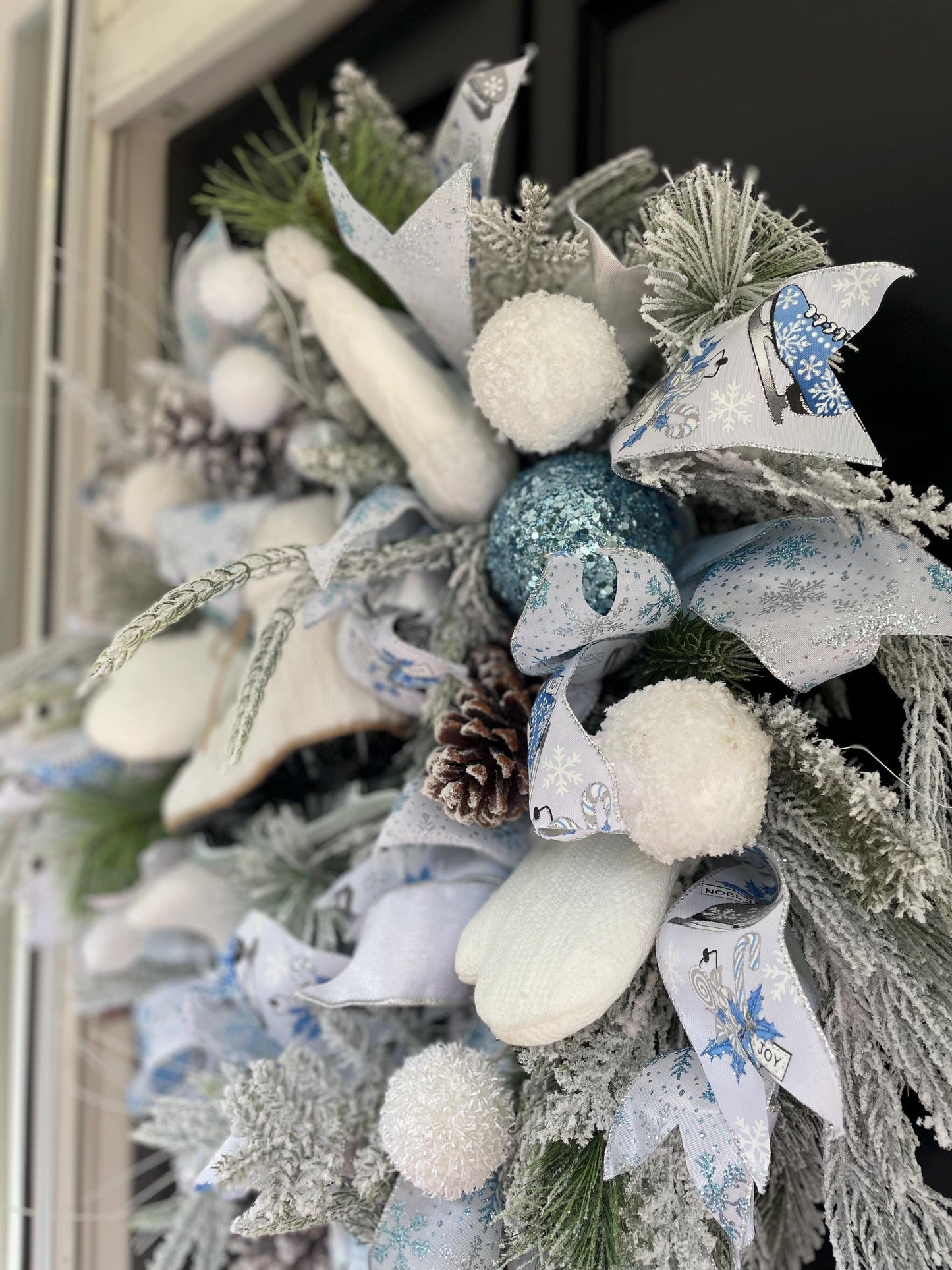 XL White Flocked Christmas Wreath Ice Skating Front Door Elegant Home Decor Decoration Glam Winter Swag Designer Unique Gift Luxury Holiday - Hats By Cressida
