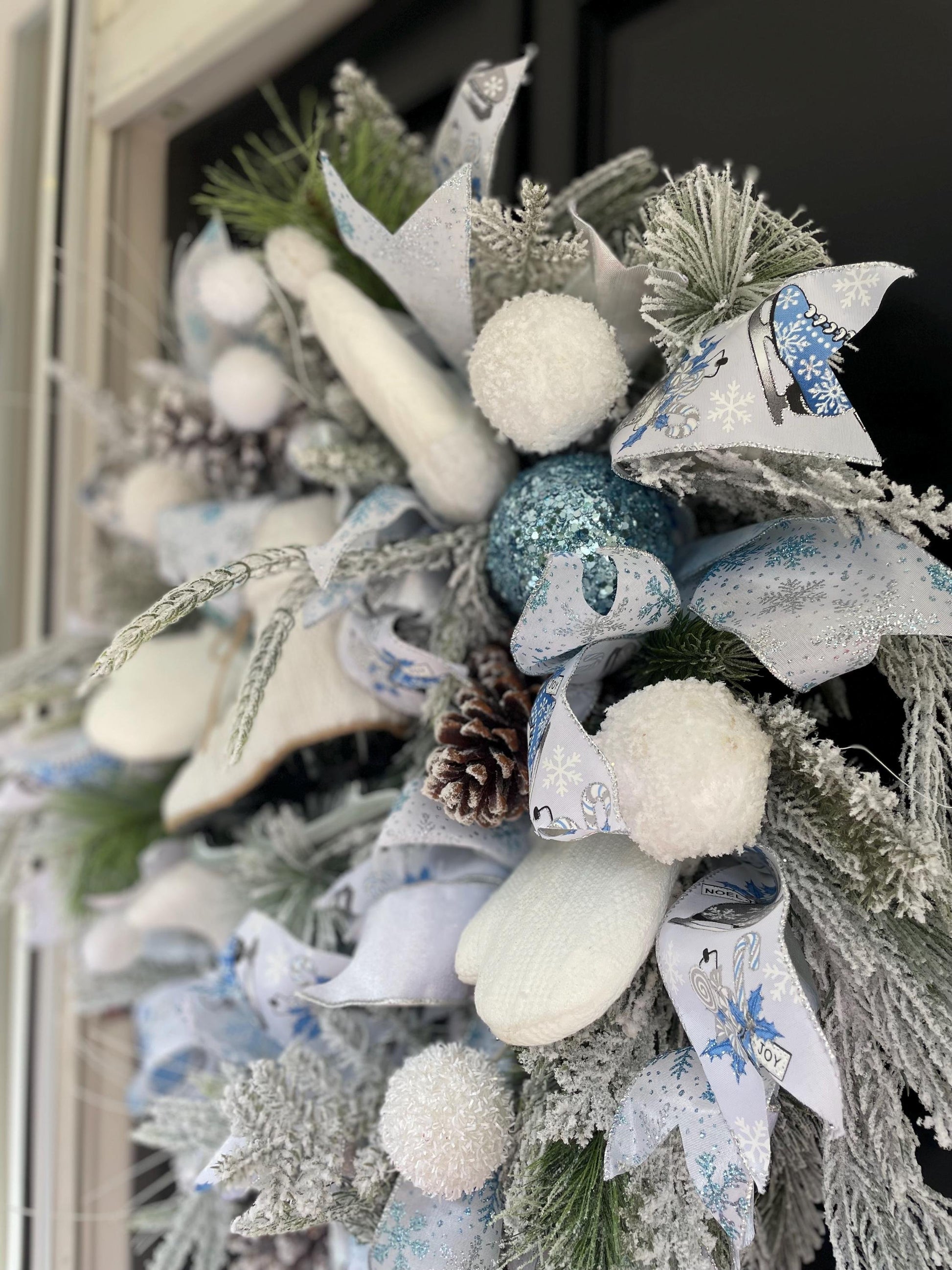 XL White Flocked Christmas Wreath Ice Skating Front Door Elegant Home Decor Decoration Glam Winter Swag Designer Unique Gift Luxury Holiday - Hats By Cressida