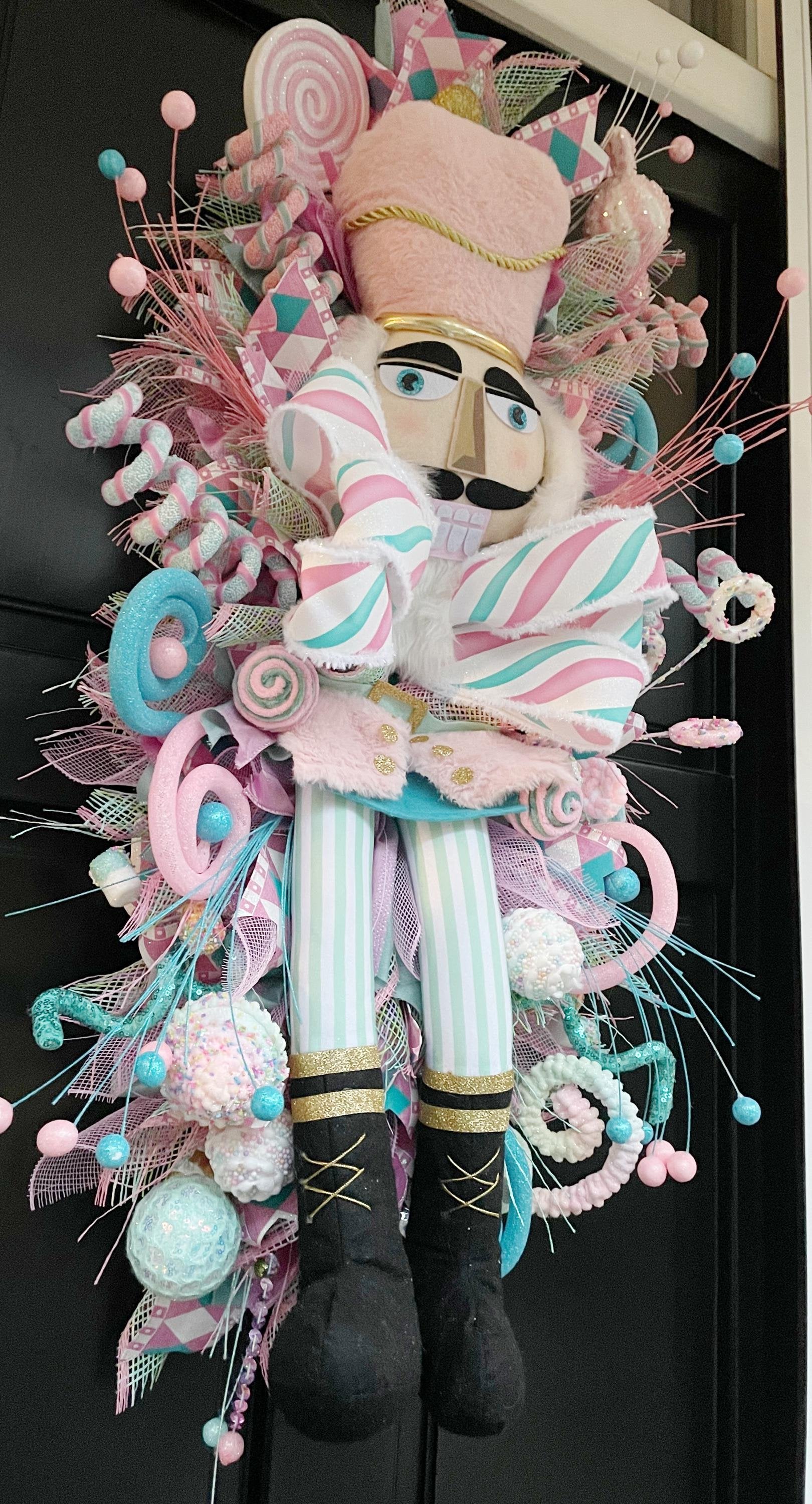 XXL Nutcracker Candy Christmas Wreath Front Door Sweets Pink Blue Xmas Swag - Hats By Cressida