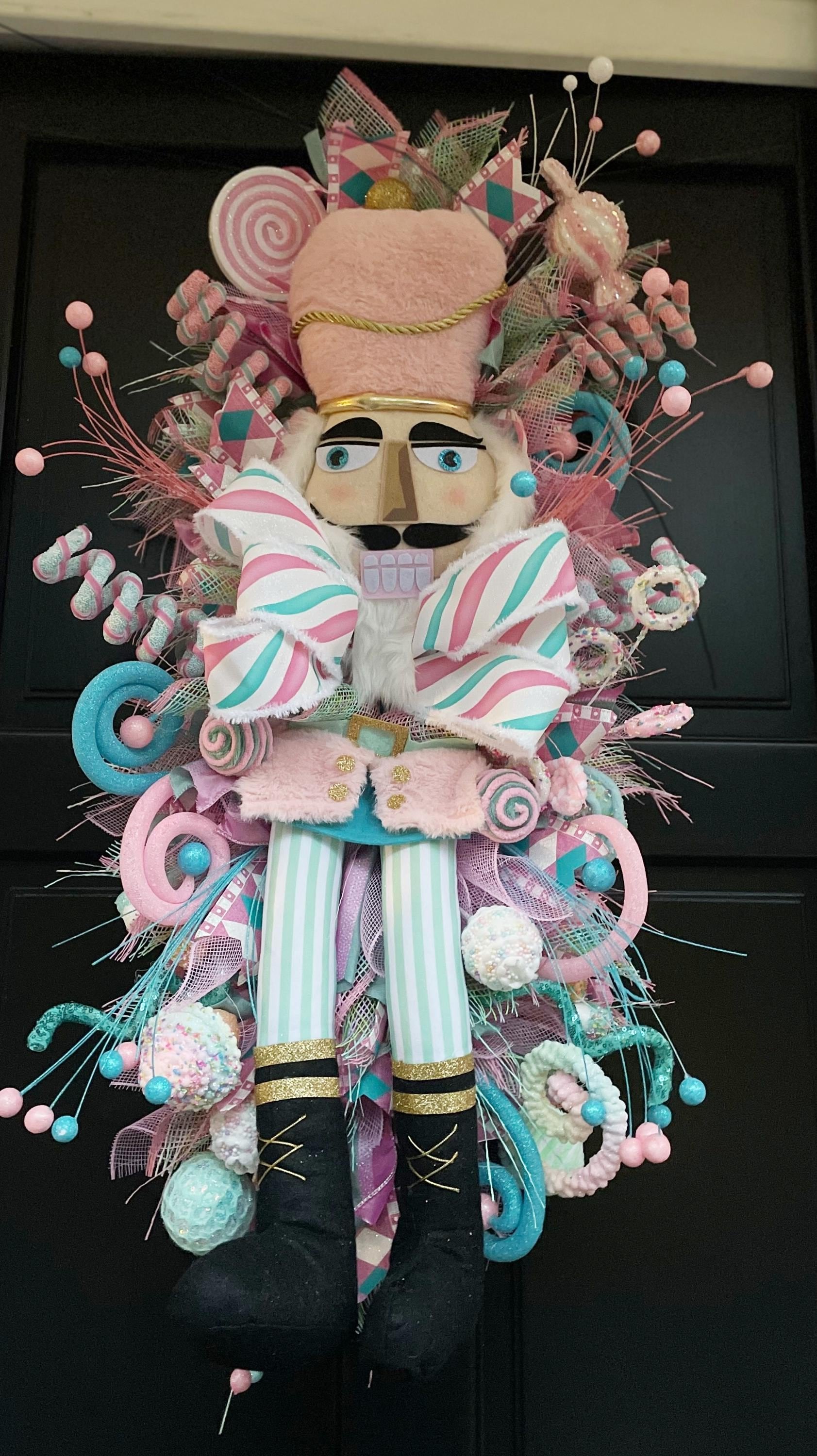 XXL Nutcracker Candy Christmas Wreath Front Door Sweets Pink Blue Xmas Swag - Hats By Cressida