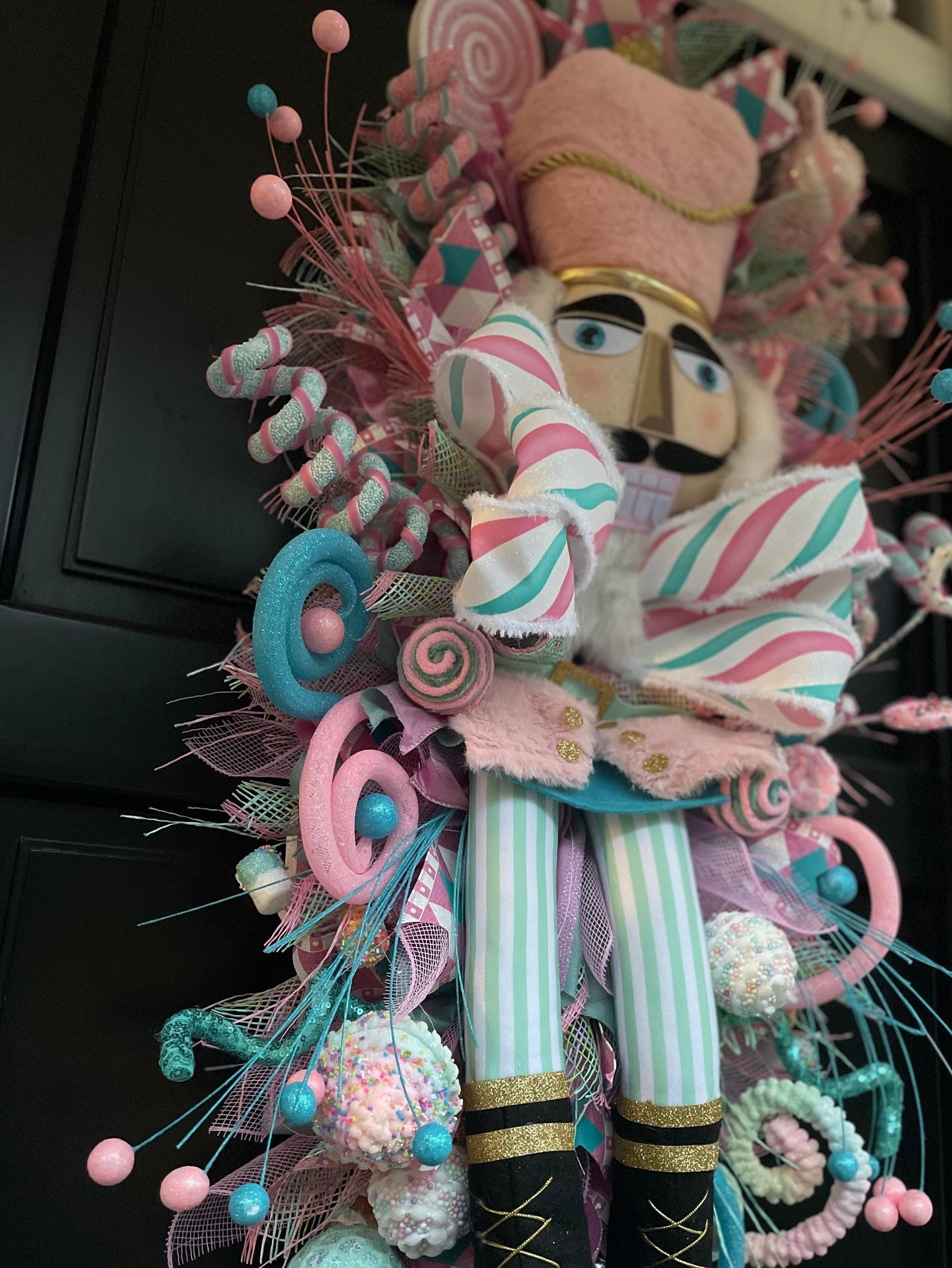 XXL Nutcracker Candy Christmas Wreath Front Door Sweets Pink Blue Xmas Swag - Hats By Cressida