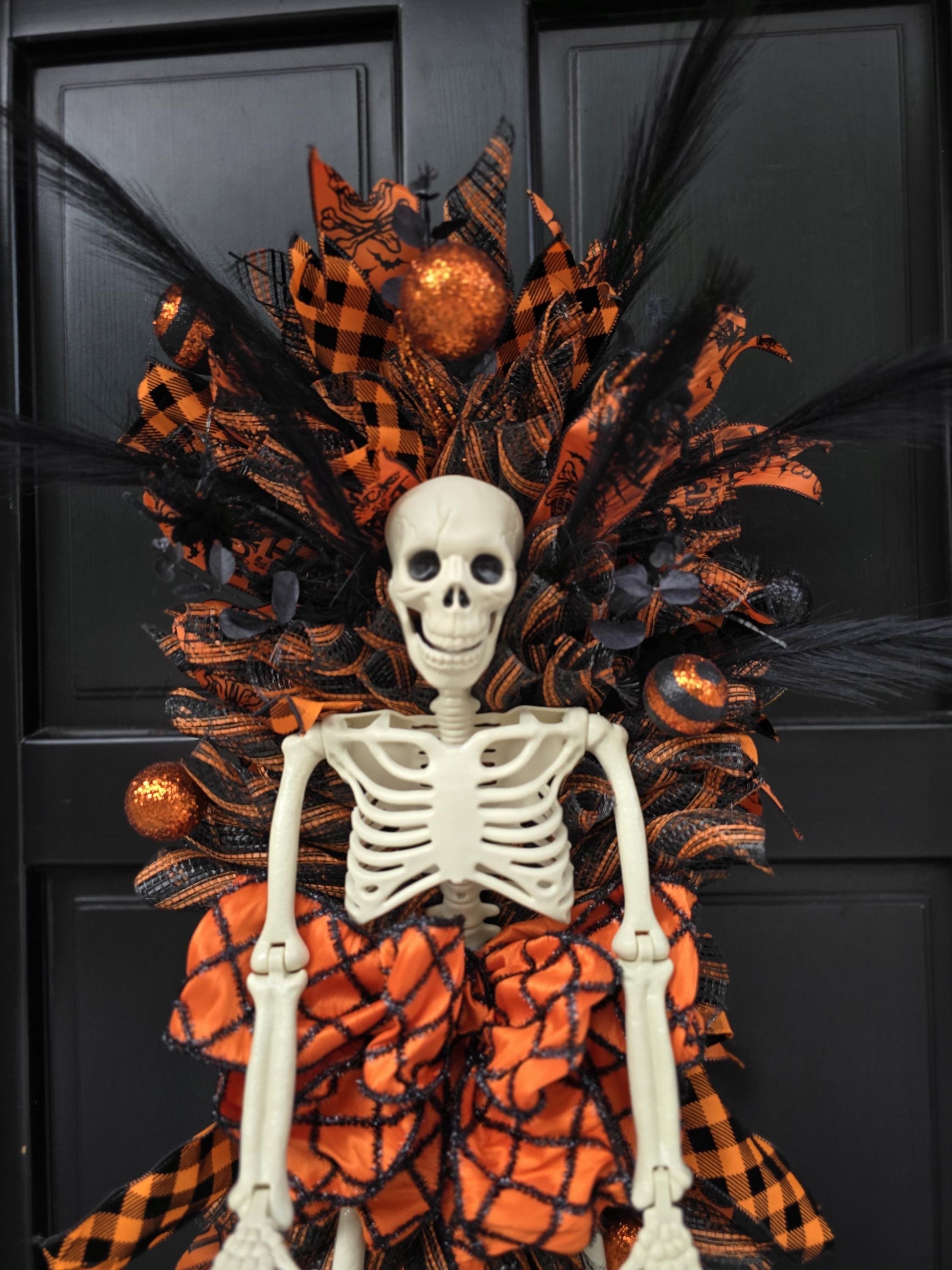 XXL Skeleton Orange Halloween Front Door Wreath Gothic Hanger Wall Porch Hanger Handmade House Home Decor Decorations Whimsical Skelly Glam - Hats By Cressida