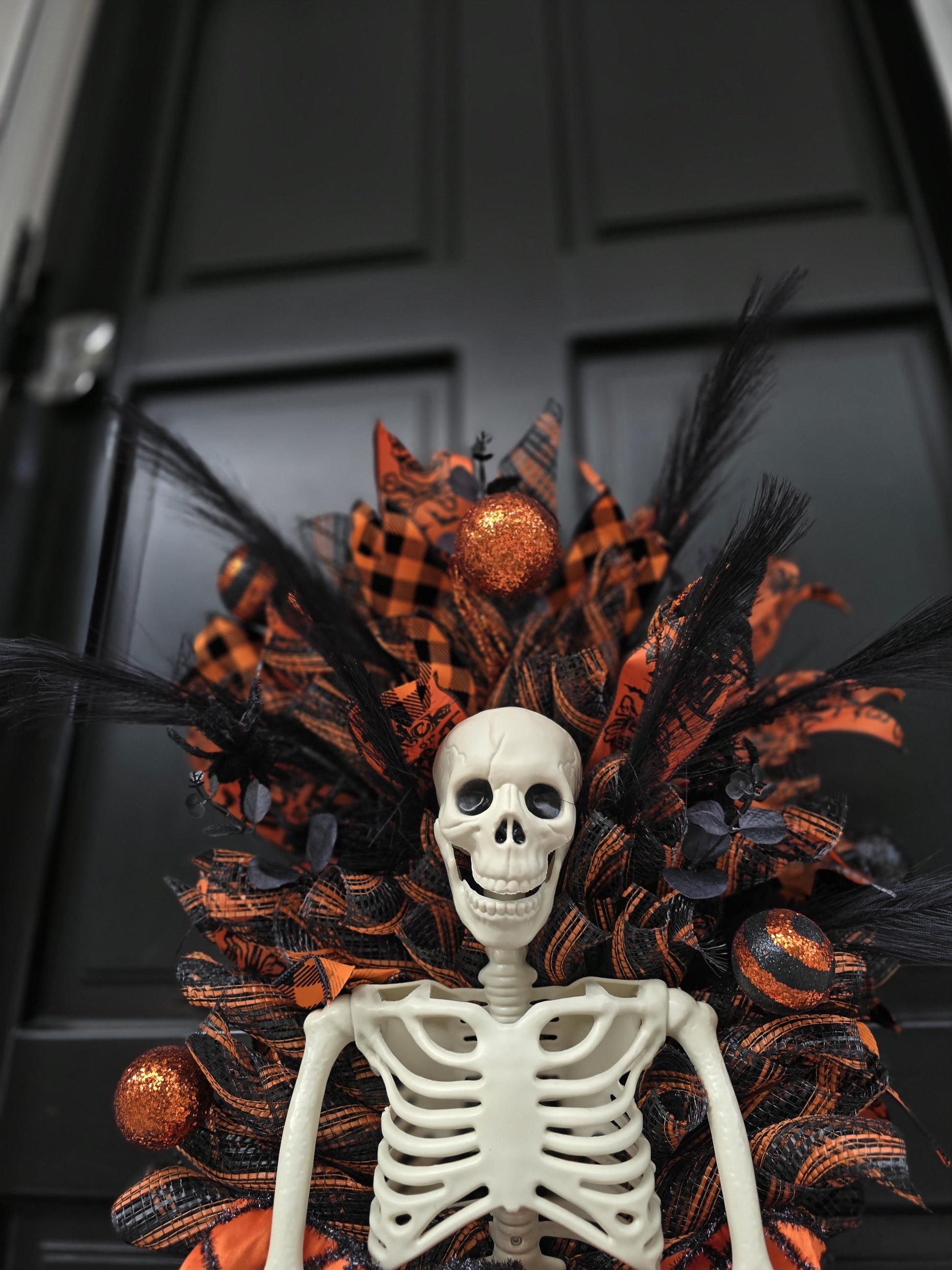 XXL Skeleton Orange Halloween Front Door Wreath Gothic Hanger Wall Porch Hanger Handmade House Home Decor Decorations Whimsical Skelly Glam - Hats By Cressida