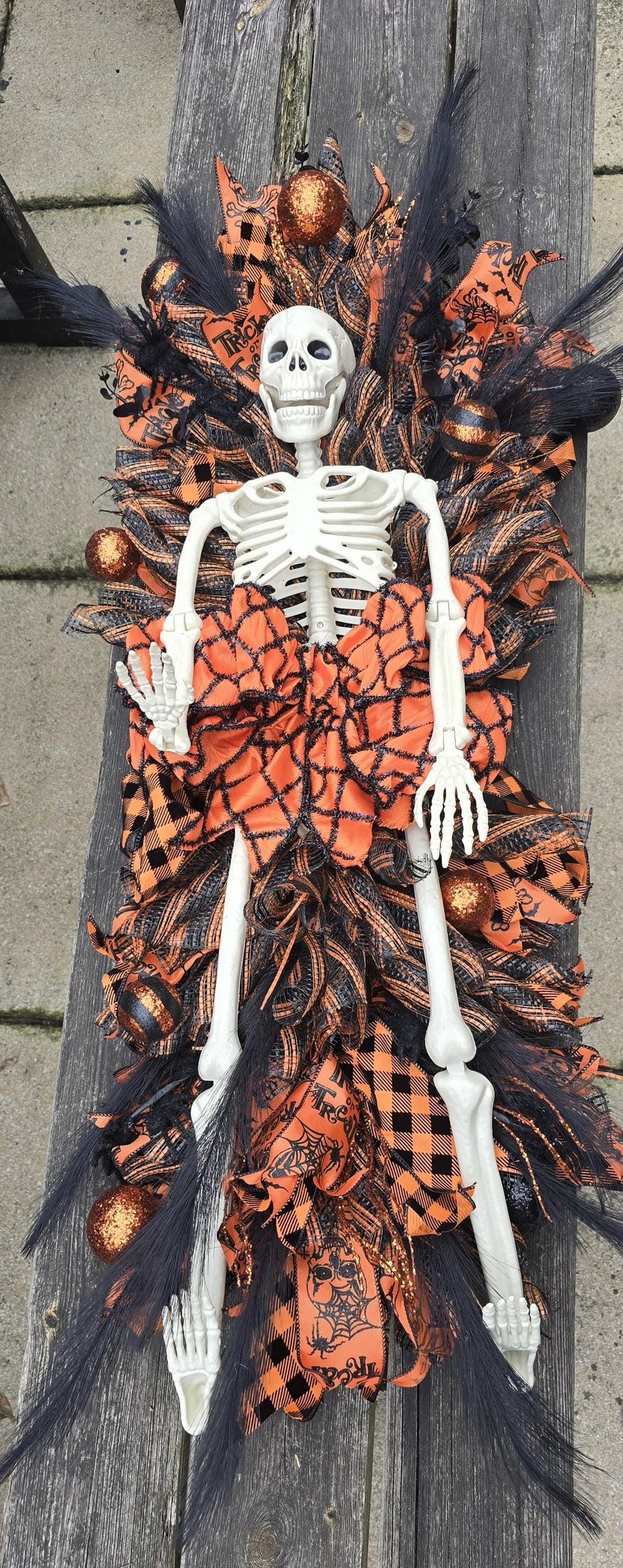 XXL Skeleton Orange Halloween Front Door Wreath Gothic Hanger Wall Porch Hanger Handmade House Home Decor Decorations Whimsical Skelly Glam - Hats By Cressida
