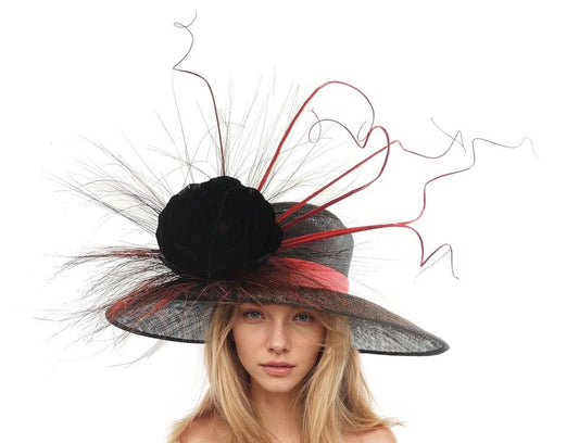 Large Black and Red Formal Ascot Hat for Kentucky Derby Oaks Races Weddings