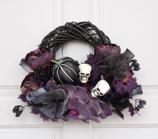 Gothic Halloween Wreath 45cm | Black & Purple Skull Floral Wreath