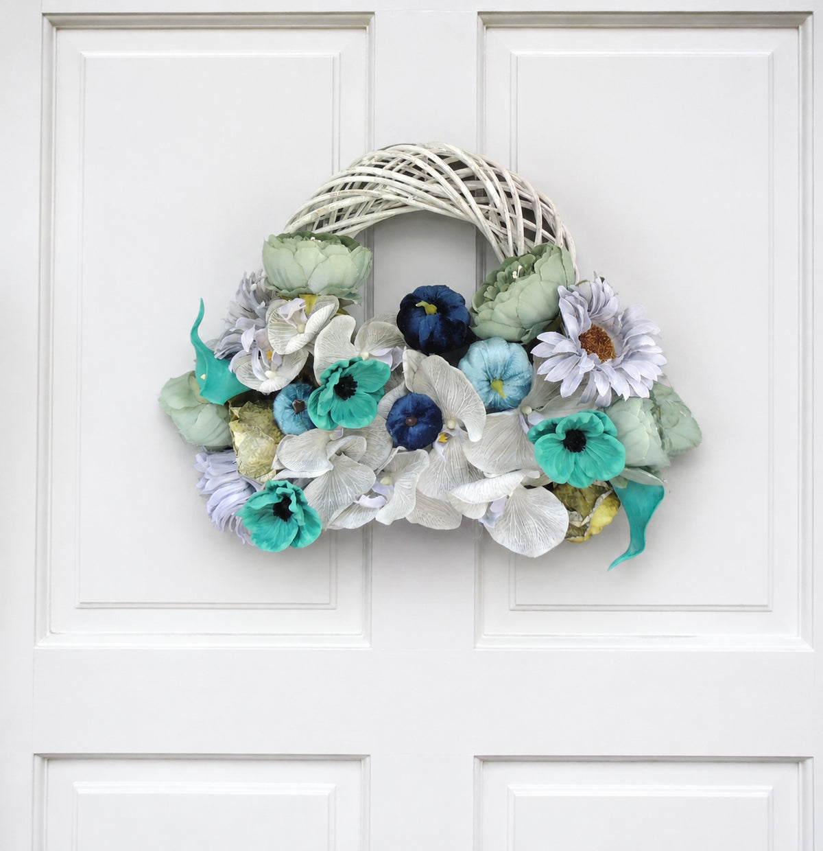 Blue & Teal Pumpkin Wreath 45cm | Coastal Lake House Floral Front Door Wreath