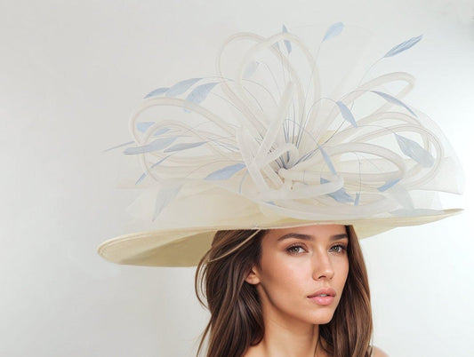 Cream & Powder Blue Kentucky Derby Hats Ascot Church Ladies Race Day Tea Garden Party Wide Brim Wedding Formal Occasion Woman Hat SALE