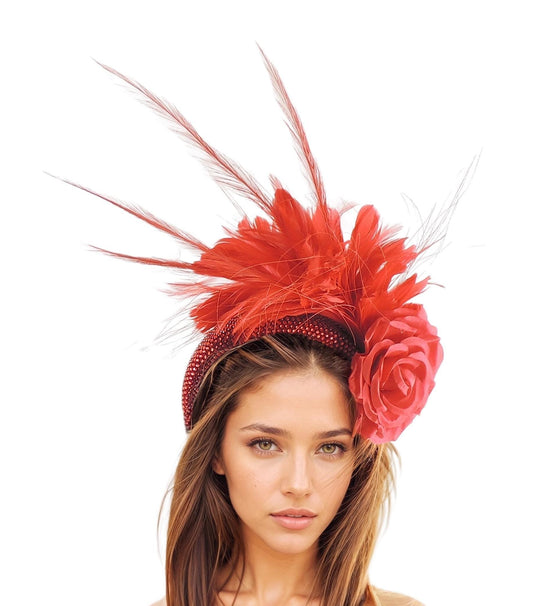Red Feather Fascinator Crystal Headband Hat Headpiece Kentucky Derby Ascot Wedding Race Days Ladies Special Occasion Tea Party Luncheon