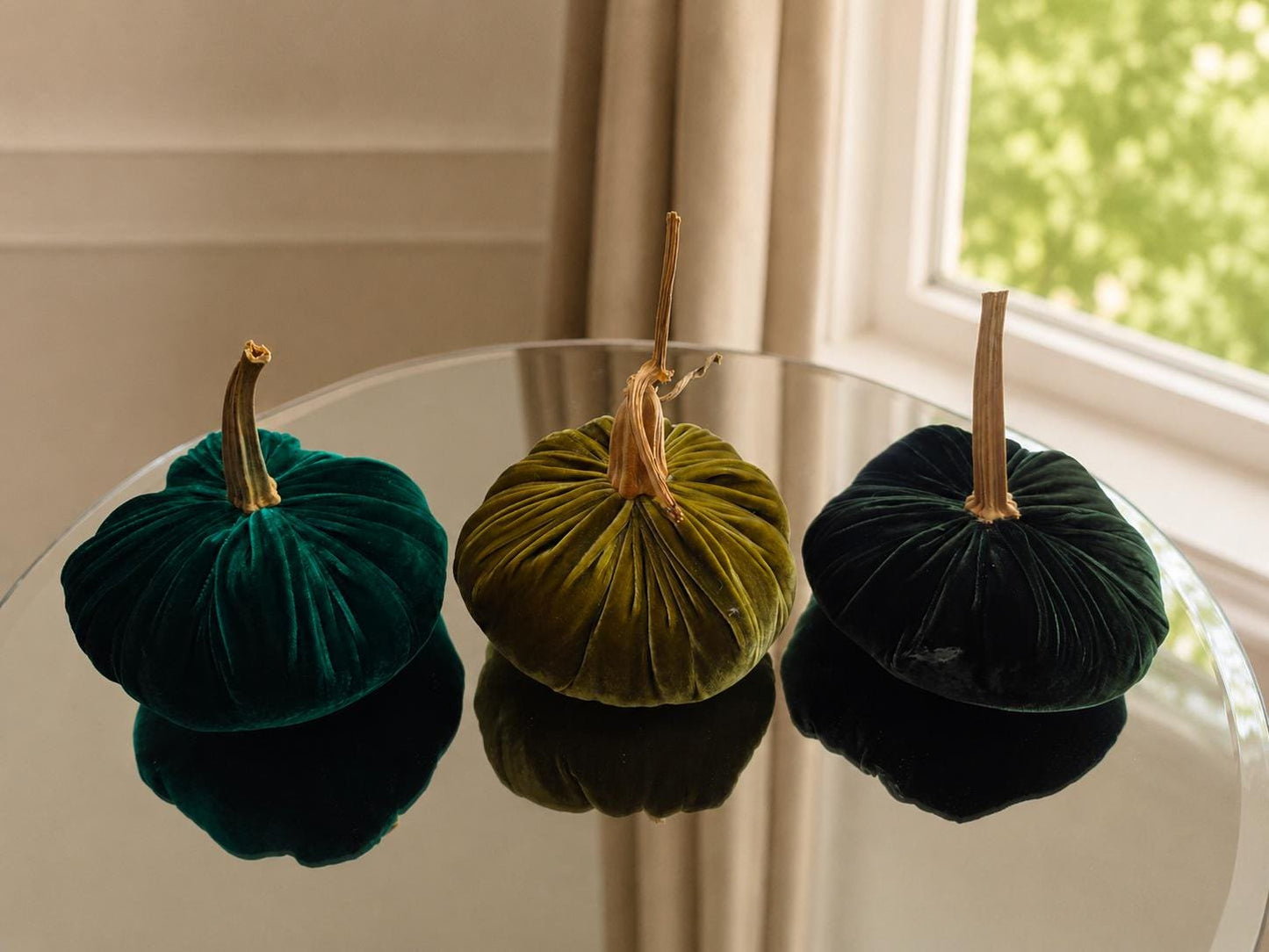 SET 3 X-SMALL Olive Forest Emerald Green Silk Velvet Pumpkins, Cozy Home Decor, Fall Wedding, Thanksgiving, Seasonal Modern Decor
