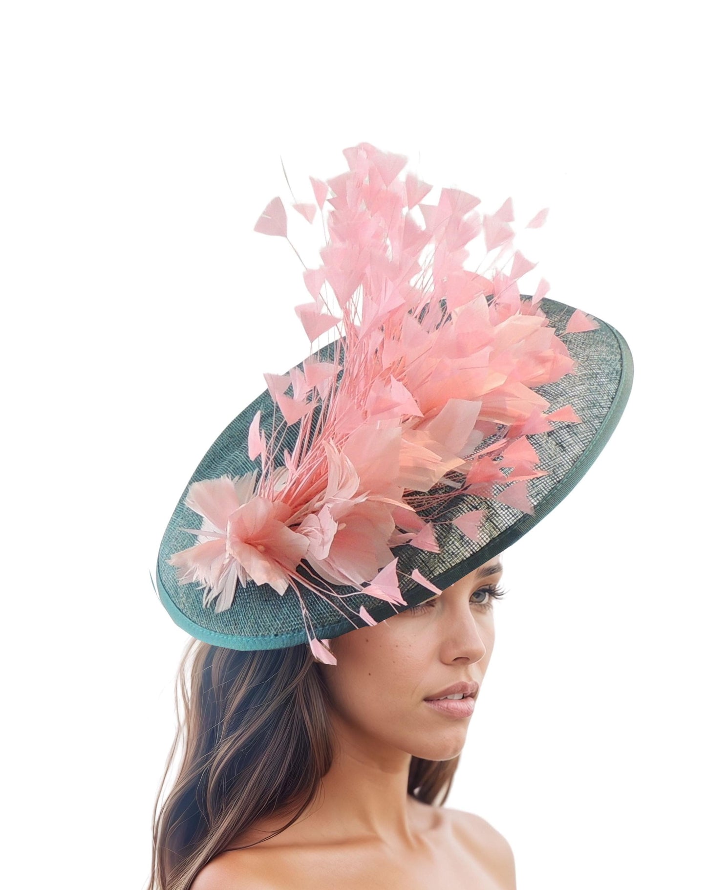Teal Green Candy Pink Flower Kentucky Derby Fascinator Hat Ascot Cocktail Tea Party Garden Wedding Formal Occasion Lunch Fancy Baby Light