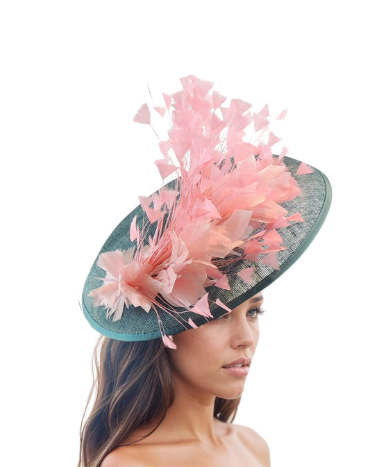 Teal Green Candy Pink Flower Kentucky Derby Fascinator Hat Ascot Cocktail Tea Party Garden Wedding Formal Occasion Lunch Fancy Baby Light