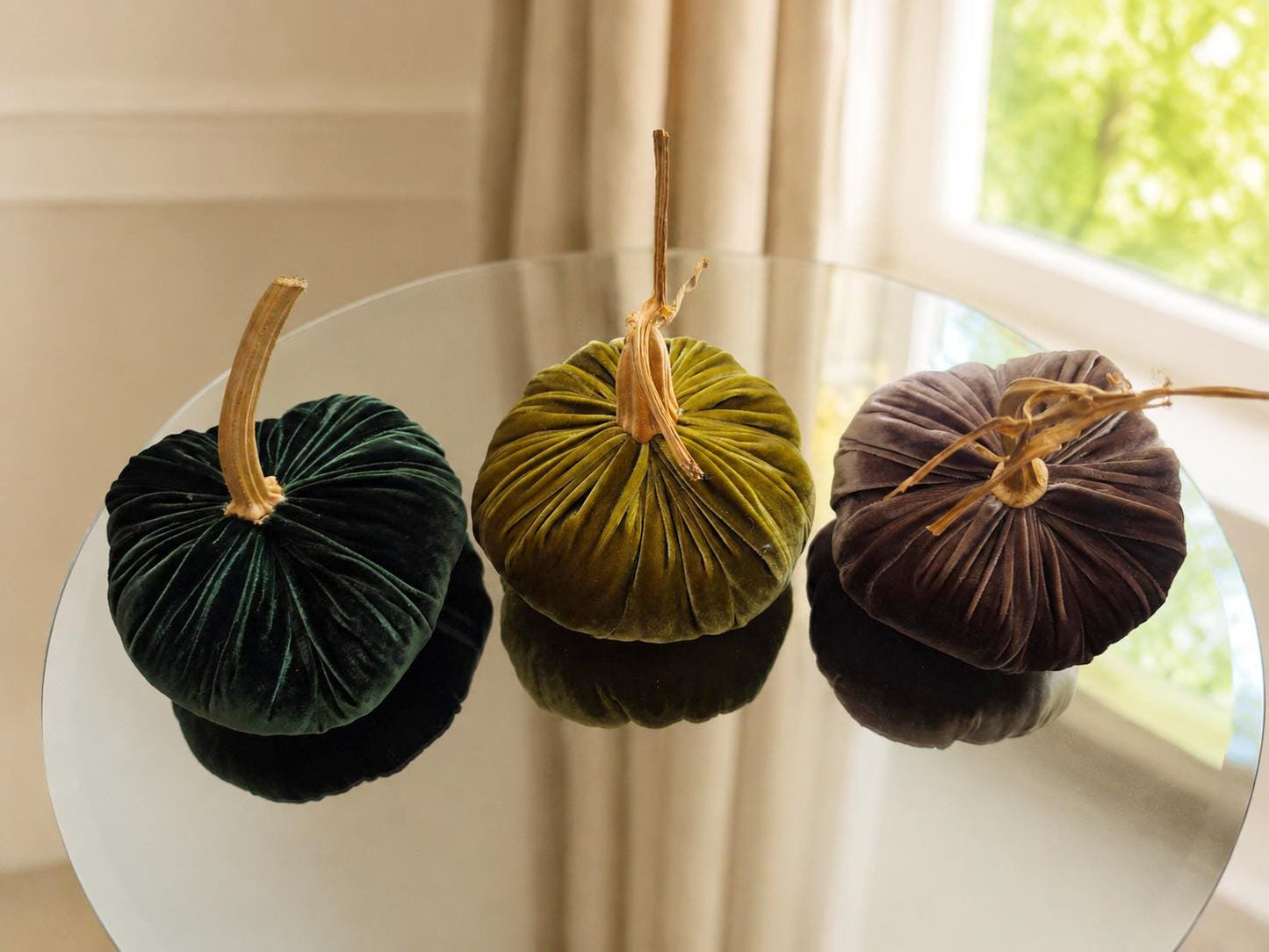 SET 3 X-SMALL Brown Green Fall Silk Velvet Pumpkins, Autumnal Table Decor Autumn Decorations, Handmade Fall Centerpiece