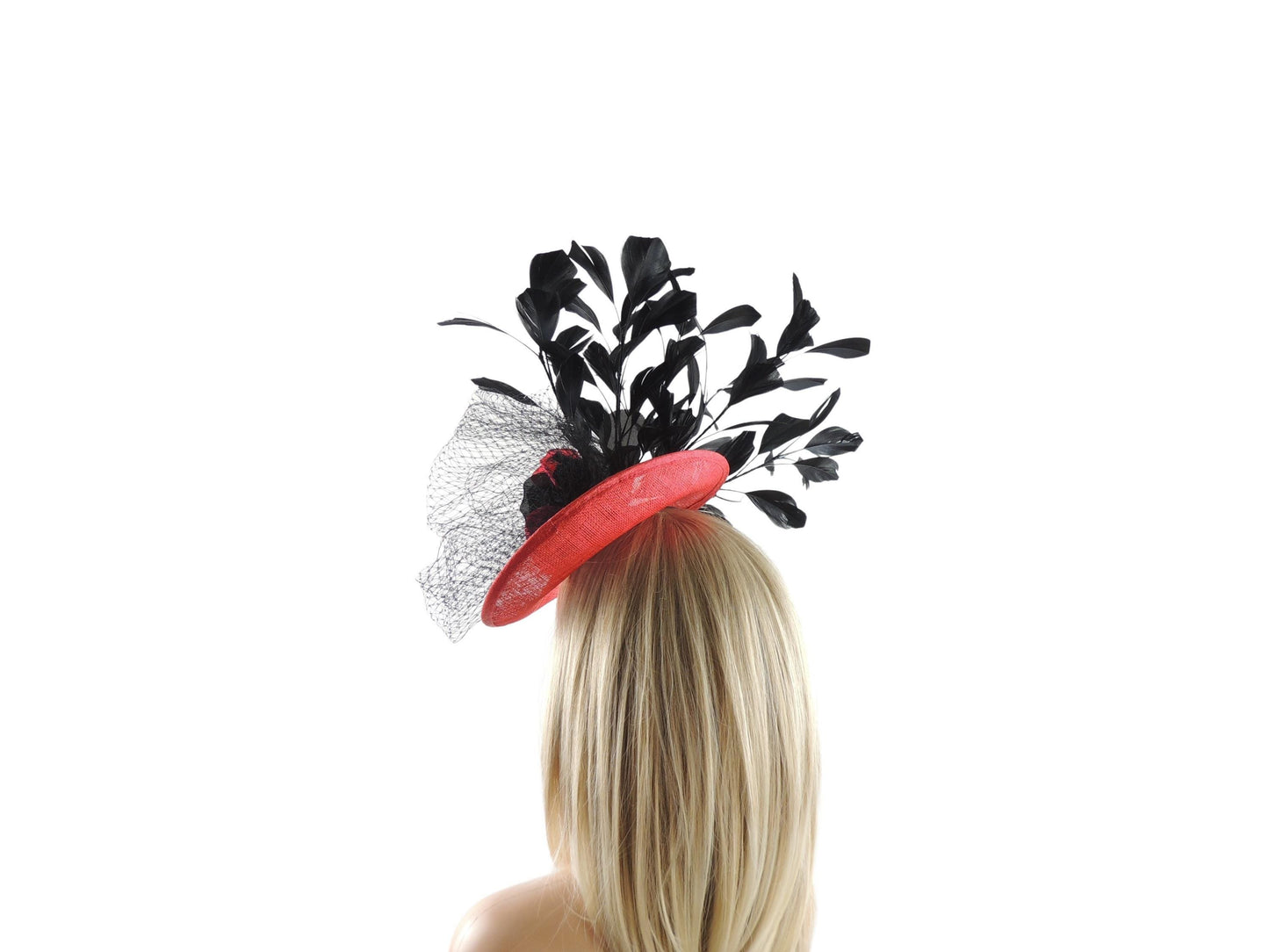 Red Black Kentucky Derby Fascinator Hatinor Hat Ascot Tea Party Lunch Garden Cocktail Event Designer Original Custom Wedding Statement