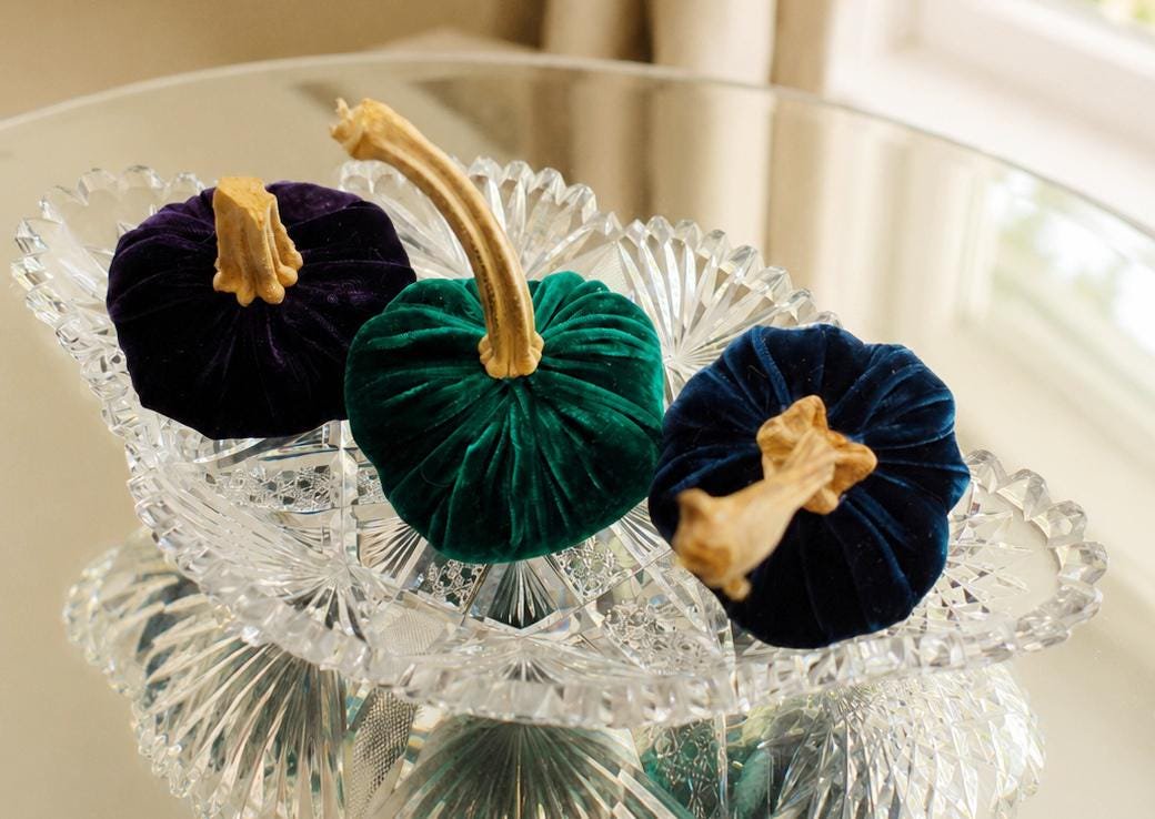 Set of 3 MINI Dark Green Blue Purple Silk Velvet Pumpkins, Autumn Table Decor, Fall Wedding, Thanksgiving, Best Selling Item