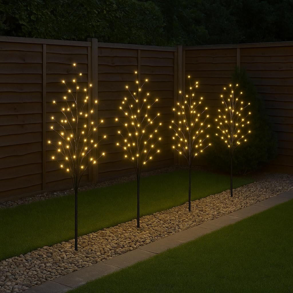 Set 4 Tall Lit Twig Tree Path Finders Warm White LEDs Outdoor Garden Christmas Fairy Lights