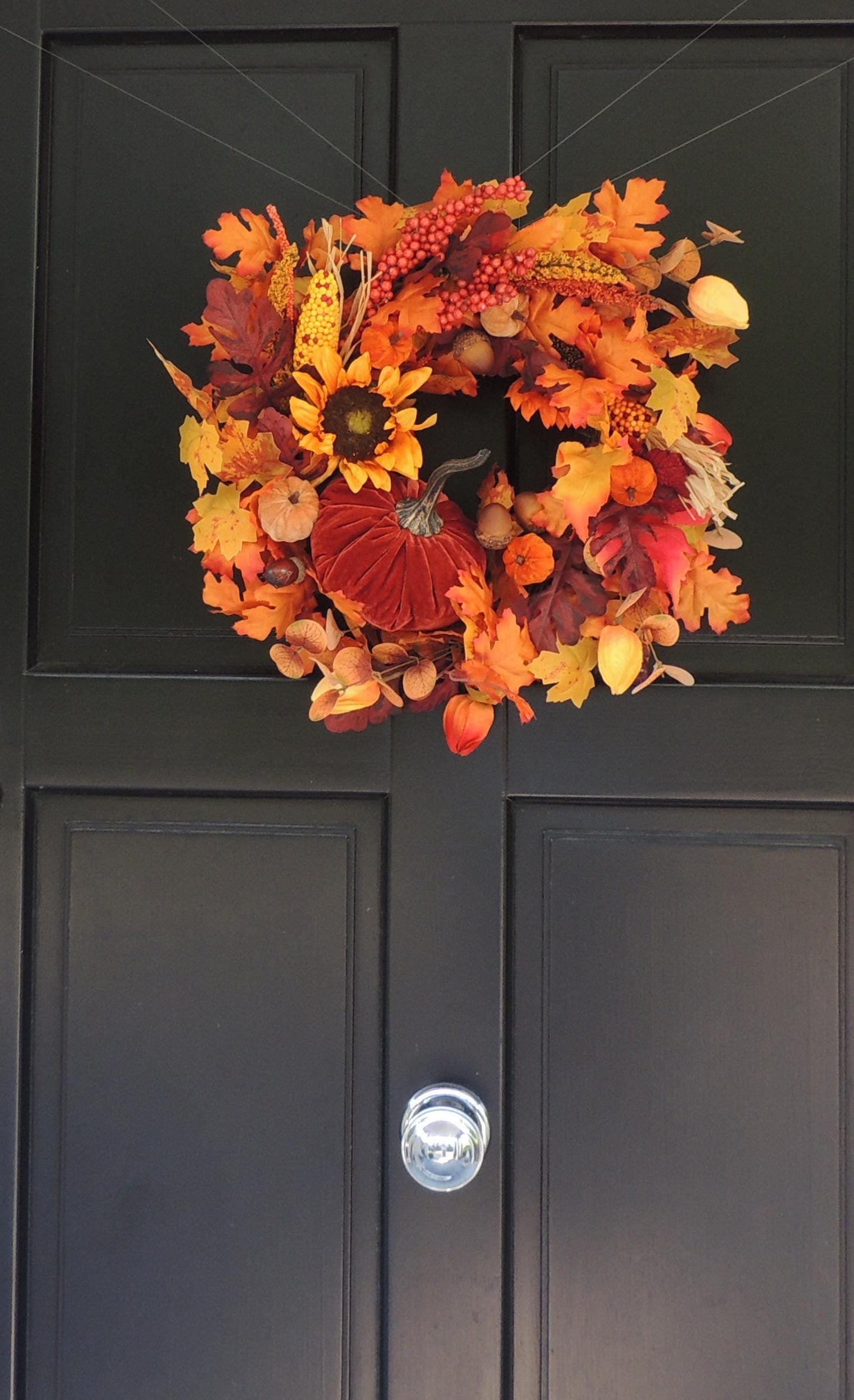 20" Large Velvet Pumpkin Wreath, Autumn Fall Front Door Wreath, Sunflower Harvest Decor, Rustic Thanksgiving Farmhouse Wreath