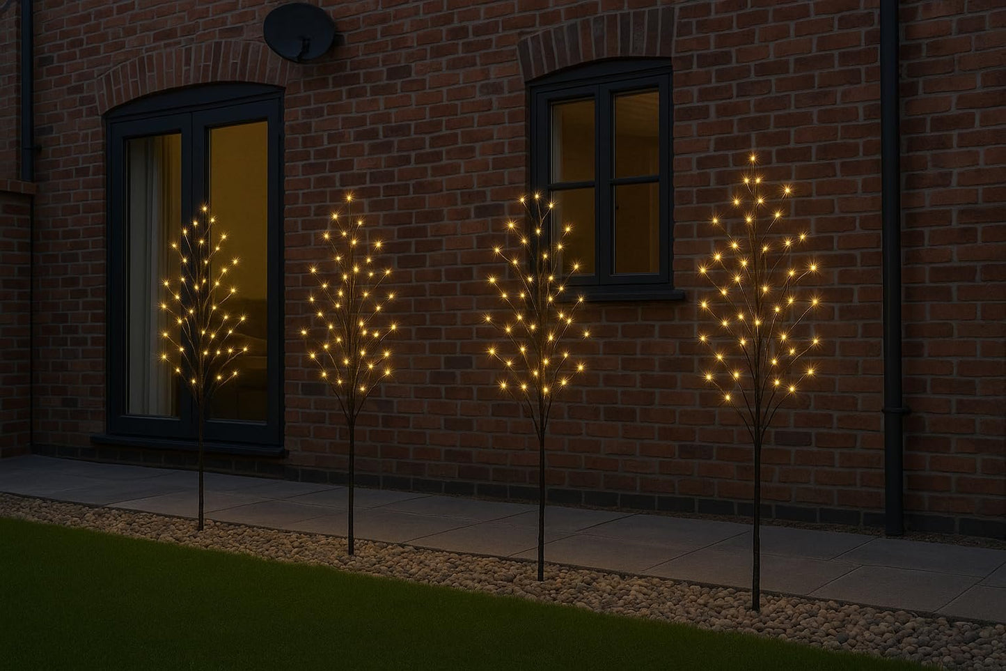 Set 4 Tall Lit Twig Tree Path Finders Warm White LEDs Outdoor Garden Christmas Fairy Lights
