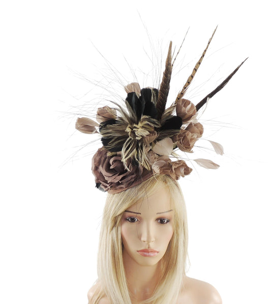 Brown Tan Feather Fascinator Crystal Headband Hat Headpiece Derby Ascot Wedding Race Days Ladies Tea Party Luncheon Autumn Fall Breeders Cup
