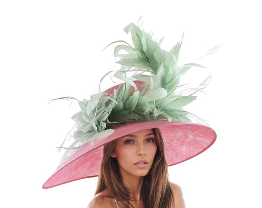 Hot Pink Sage Green KY Large Kentucky Derby Hat Ascot Wedding Guest Party Formal Occasion Hat Race Woman Church Wide Brim Light Blush Mint