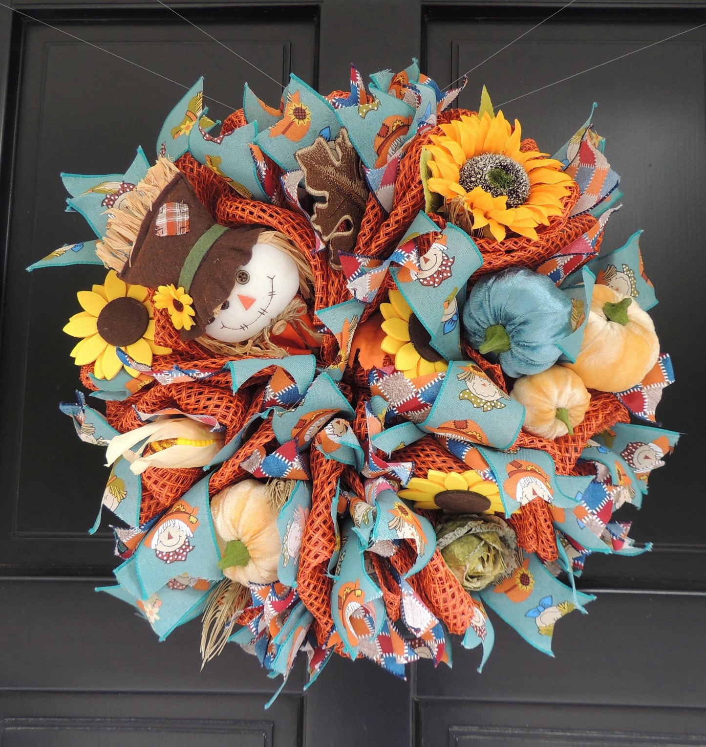 Scarecrow Rustic Fall Wreath Front Door,Pumpkin Handmade Harvest Door Decor,Country Autumn Wreath, Seasonal Decoration Teal Yellow Orange