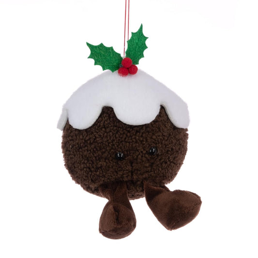 Festive Christmas Pudding Tree Decoration Hanging Bauble Traditional Holiday Decor Gift Xmas Plush Ornament Icing, Holly, Berries & Dangly Legs